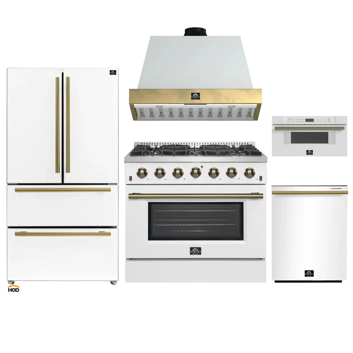 Forno Galiano 5-Piece Appliance Package - 36-Inch Gas Range, 36-Inch Hood, 36-Inch Refrigerator, 24-Inch Dishwasher, & 30-Inch Microwave Drawer in White with Antique Brass Trim