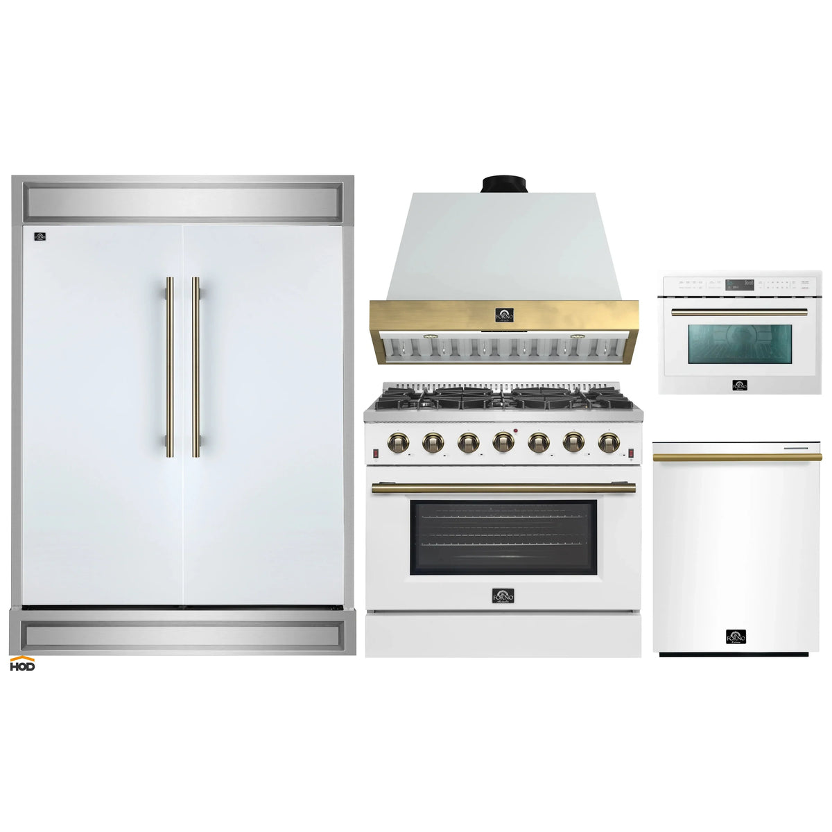 Forno 5-Piece Appliance Package - 36-Inch Gas Range, Wall Mount Range Hood, 60-Inch Refrigerator, Dishwasher, & 24-Inch Microwave Oven in White with Antique Brass Trim