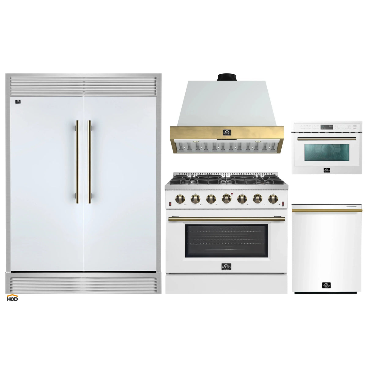Forno 5-Piece Appliance Package - 36-Inch Galiano Gas Range, Wall Mount Range Hood, 60-Inch Refrigerator, Dishwasher, & 24-Inch Microwave Oven in White with Antique Brass Trim