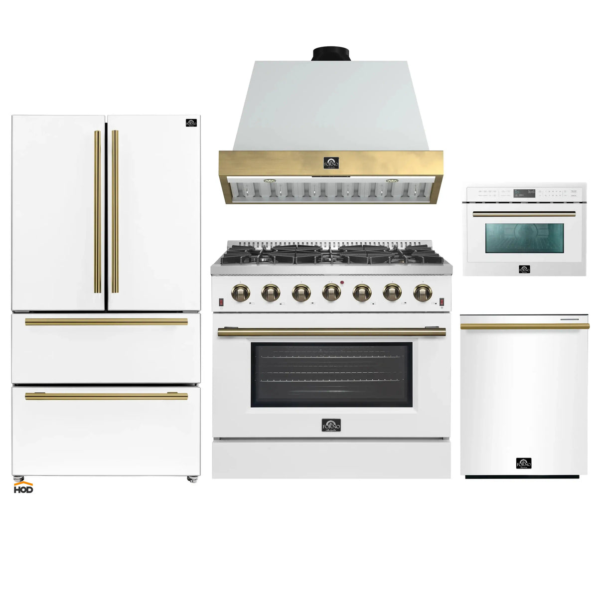 Forno Galiano 5-Piece Appliance Package - 36-Inch Gas Range, 36-Inch Hood, 36-Inch Refrigerator, 24-Inch Dishwasher, & 24-Inch Microwave Oven in White with Antique Brass Trim
