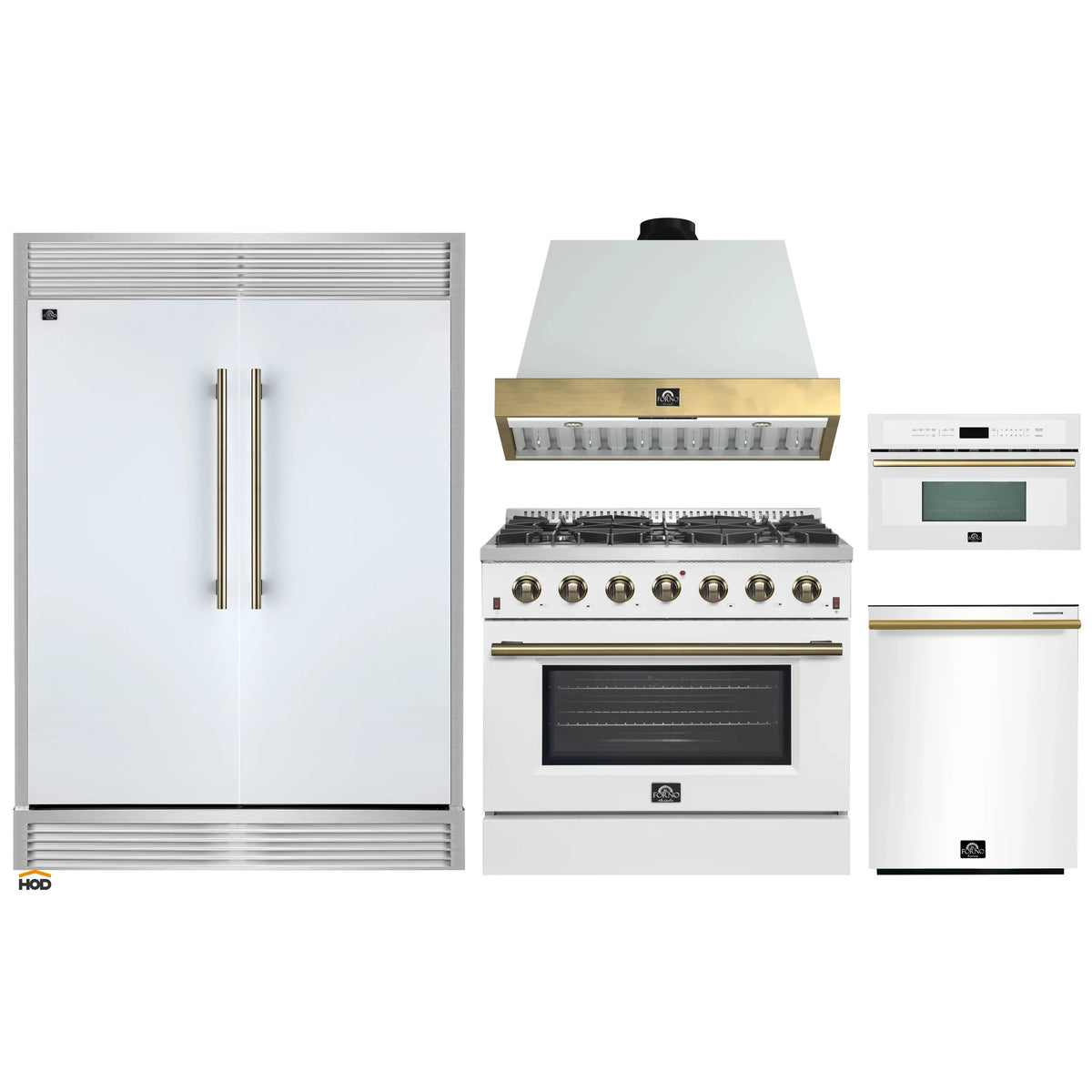 Forno 5-Piece Appliance Package - 36-Inch Galiano Gas Range, Wall Mount Range Hood, 60-Inch Refrigerator, Dishwasher, & 30-Inch Microwave Oven in White with Antique Brass Trim