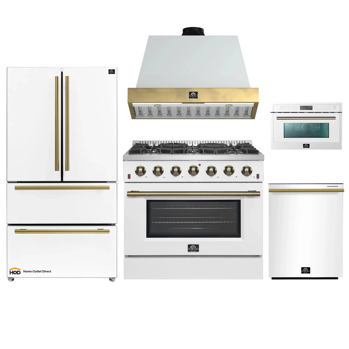 Forno Galiano 5-Piece Appliance Package - 36-Inch Gas Range, 36-Inch Hood, 36-Inch Refrigerator, 24-Inch Dishwasher, & 30-Inch Microwave Oven in White with Antique Brass Trim