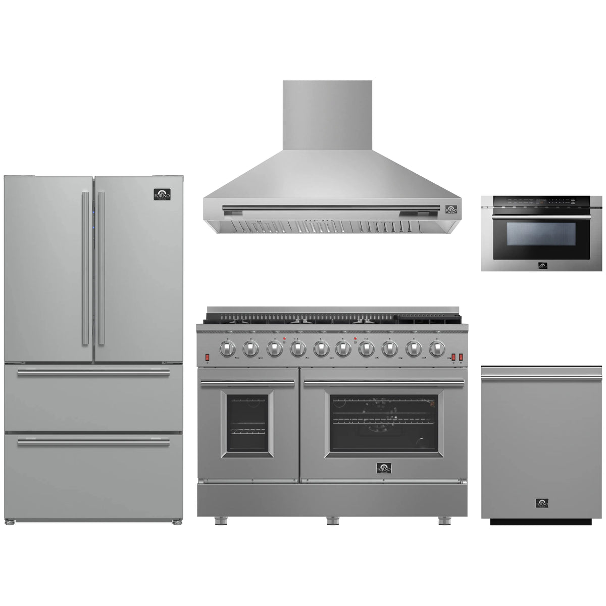 Forno 5-Piece Appliance Package - 48-Inch Gas Range, Wall Mount Range Hood, 36-Inch Refrigerator, Dishwasher, and 24-Inch Microwave Drawer in Stainless Steel