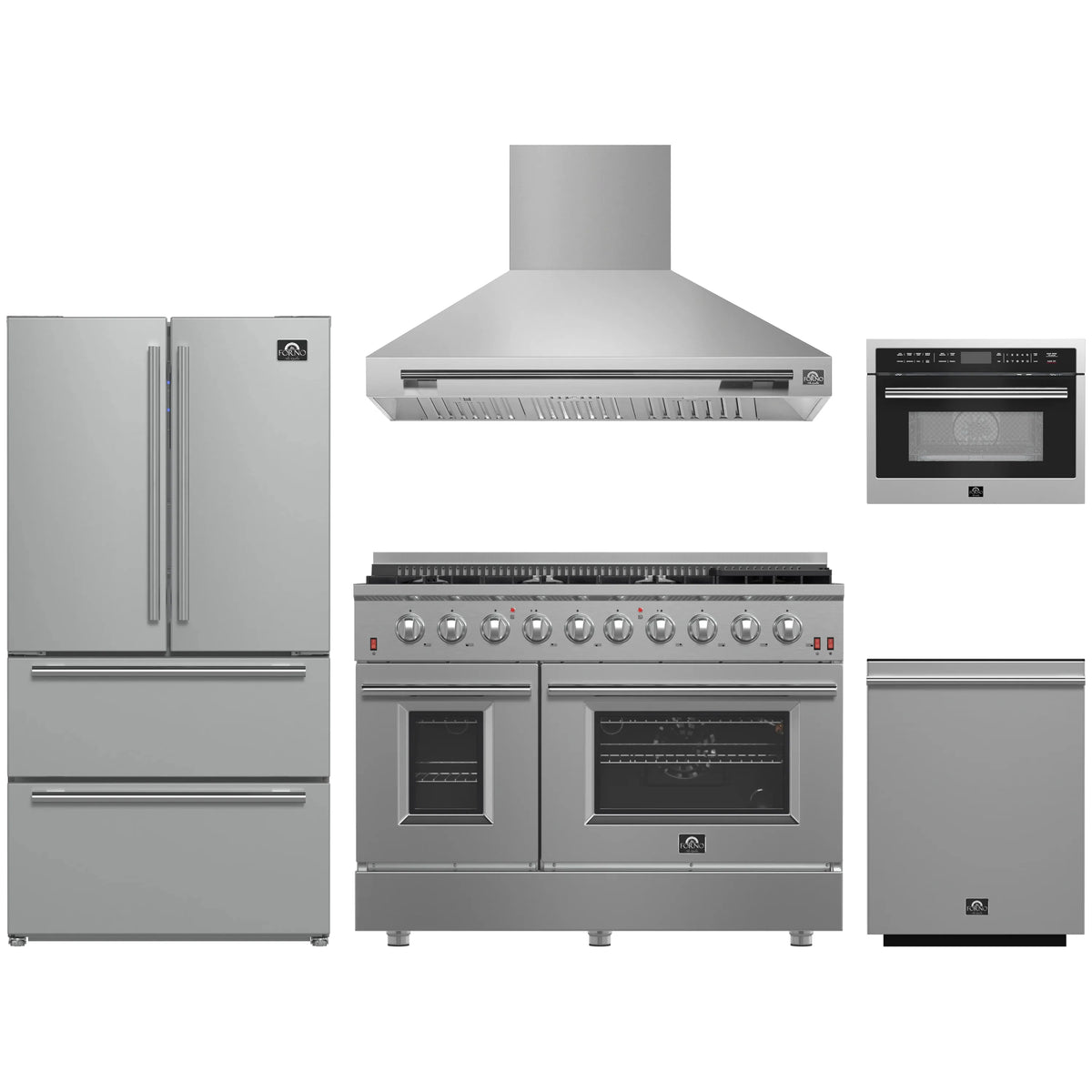 Forno 5-Piece Appliance Package - 48-Inch Gas Range, Wall Mount Range Hood, 36-Inch Refrigerator, Dishwasher, and 24-Inch Microwave Oven in Stainless Steel