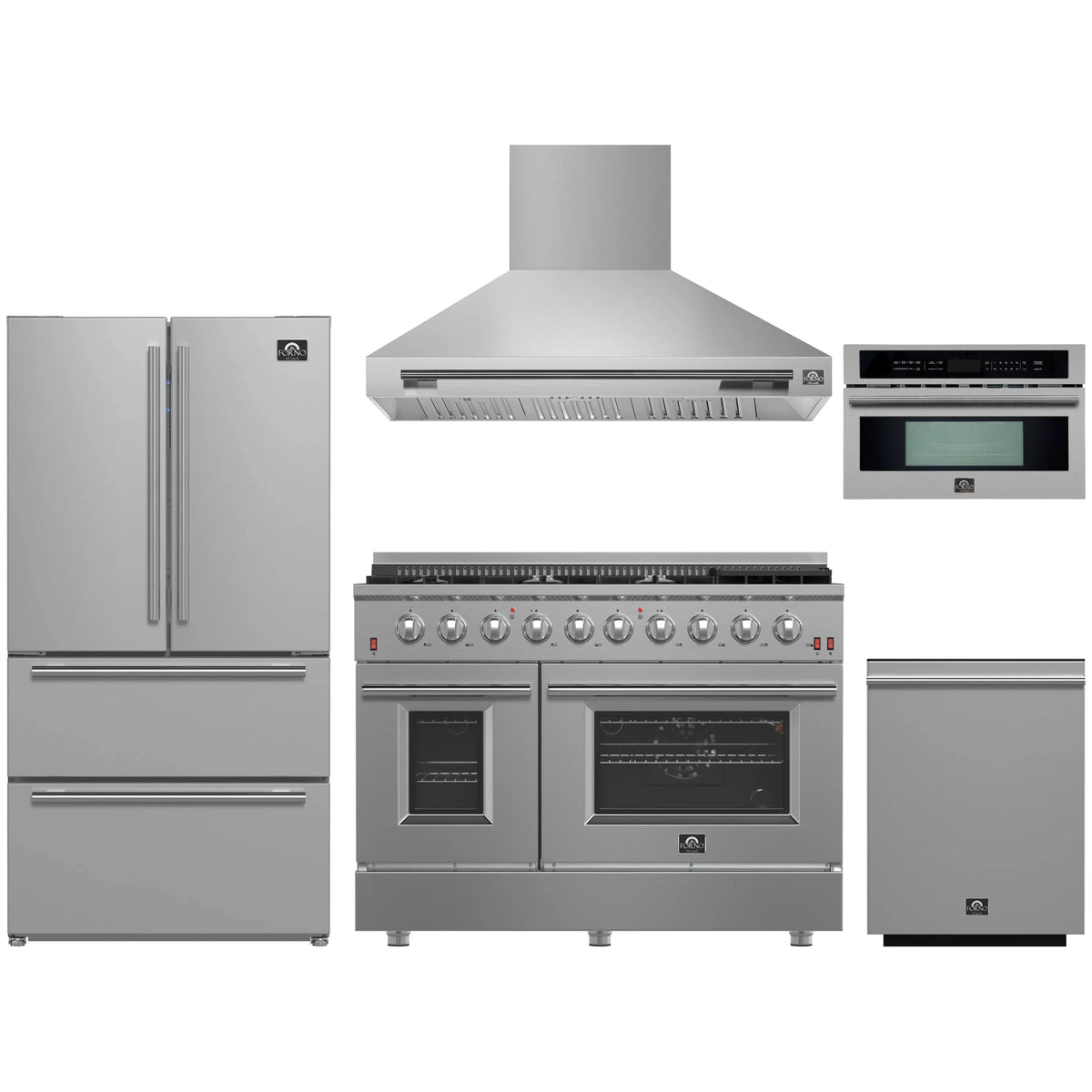 Forno 5-Piece Appliance Package - 48-Inch Gas Range, Wall Mount Range Hood, 36-Inch Refrigerator, Dishwasher, and 30-Inch Microwave Oven in Stainless Steel
