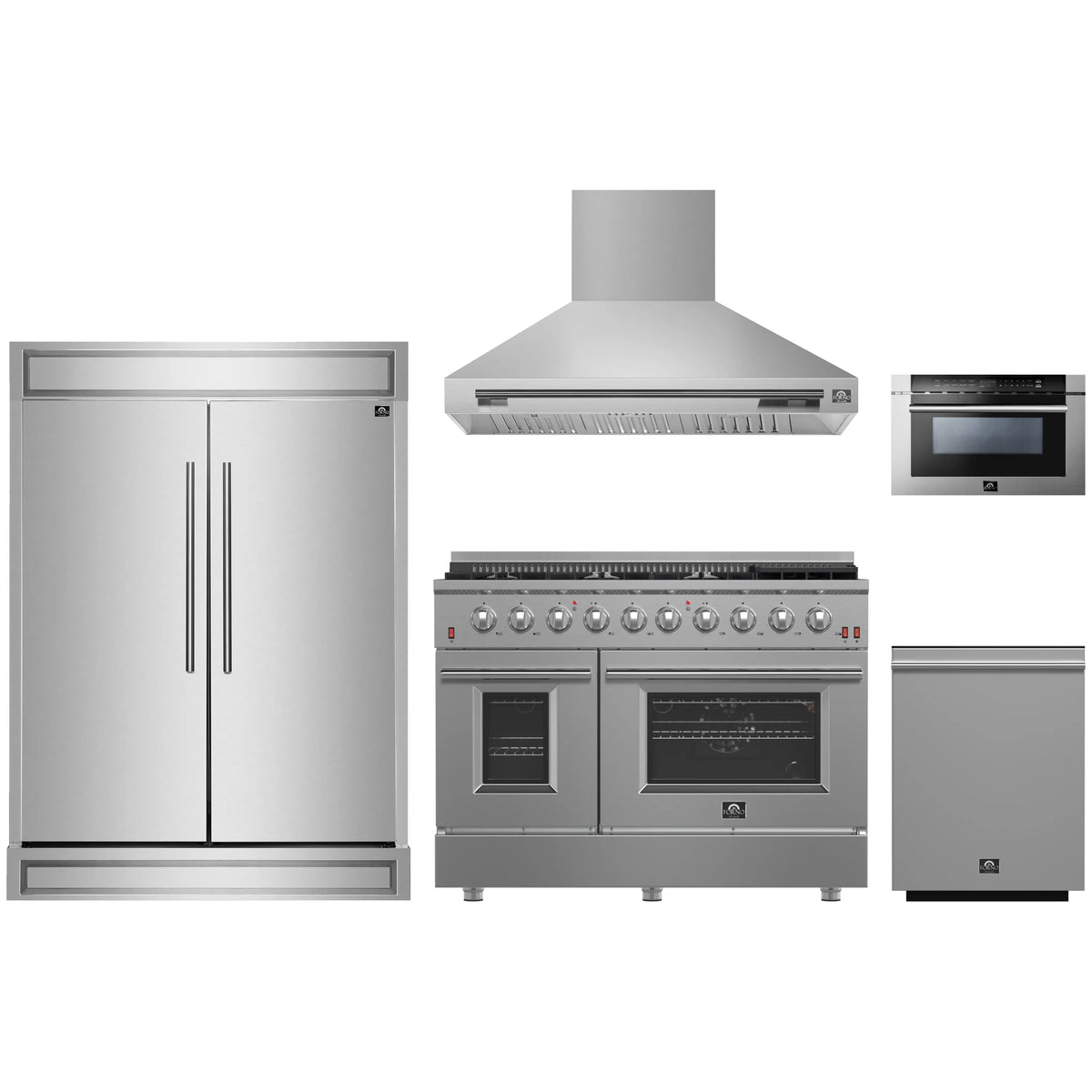Forno 5-Piece Appliance Package - 48-Inch Gas Range, Wall Mount Range Hood, 60-Inch Refrigerator, Dishwasher, and 24-Inch Microwave Drawer in Stainless Steel