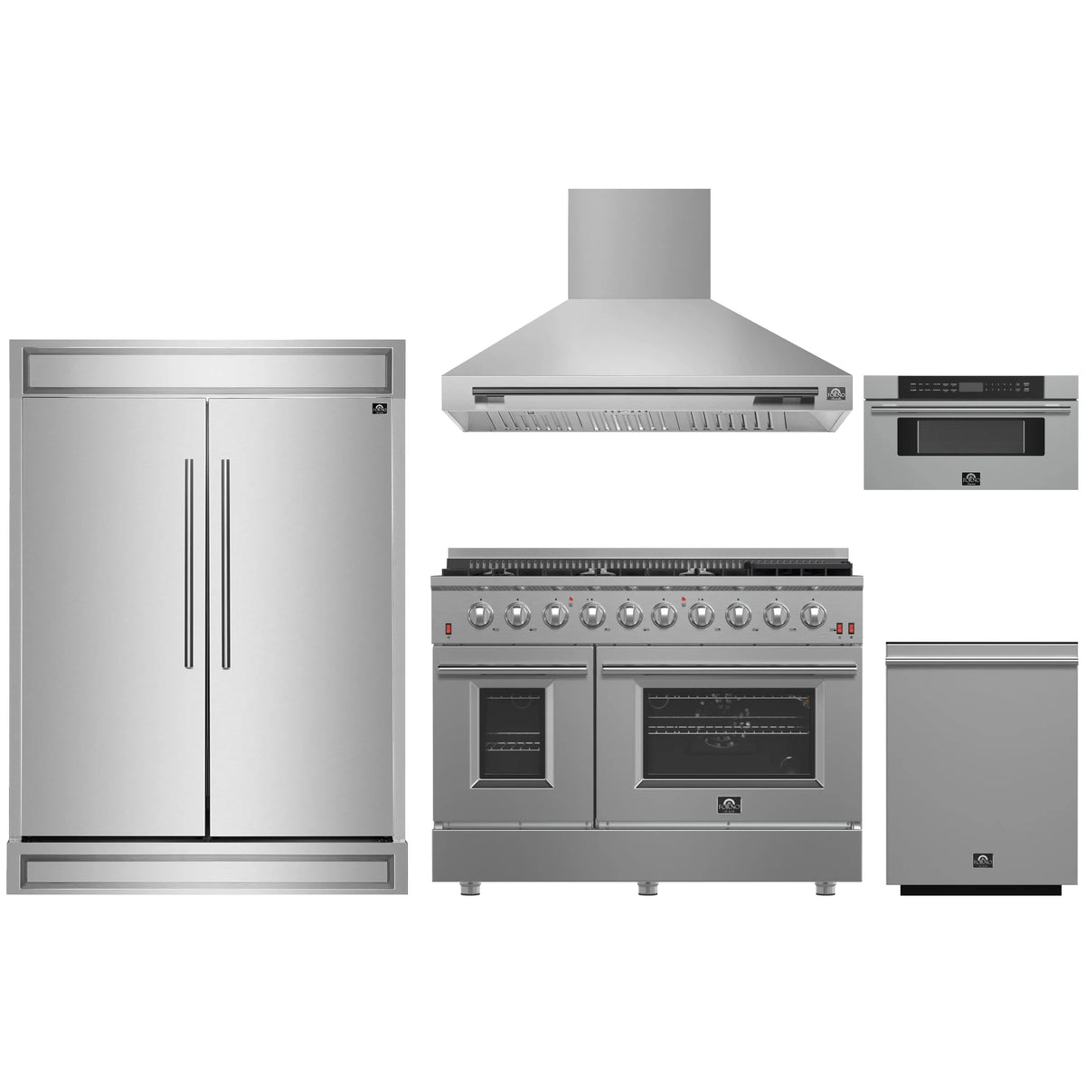 Forno 5-Piece Appliance Package - 48-Inch Gas Range, Wall Mount Range Hood, 60-Inch Refrigerator, Dishwasher, and 30-Inch Microwave Drawer in Stainless Steel