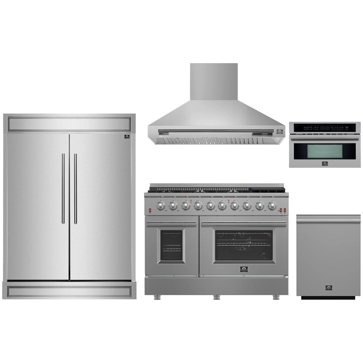 Forno 5-Piece Appliance Package - 48-Inch Gas Range, Wall Mount Range Hood, 60-Inch Refrigerator, Dishwasher, and 30-Inch Microwave Oven in Stainless Steel