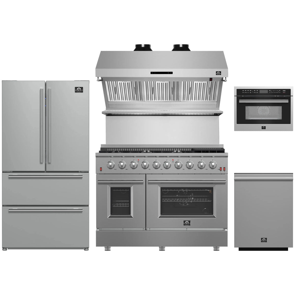 Forno 5-Piece Appliance Package - 48-Inch Gas Range, Refrigerator, Wall Mount Hood with Backsplash, 24-Inch Microwave Oven, & 3-Rack Dishwasher in Stainless Steel