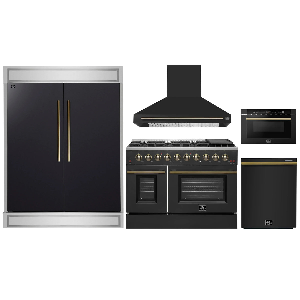 Forno 5-Piece Appliance Package - 48-Inch Gas Range, Wall Mount Range Hood, 60-Inch Refrigerator, Dishwasher, and 24-Inch Microwave Drawer in Black with Antique Brass Trim