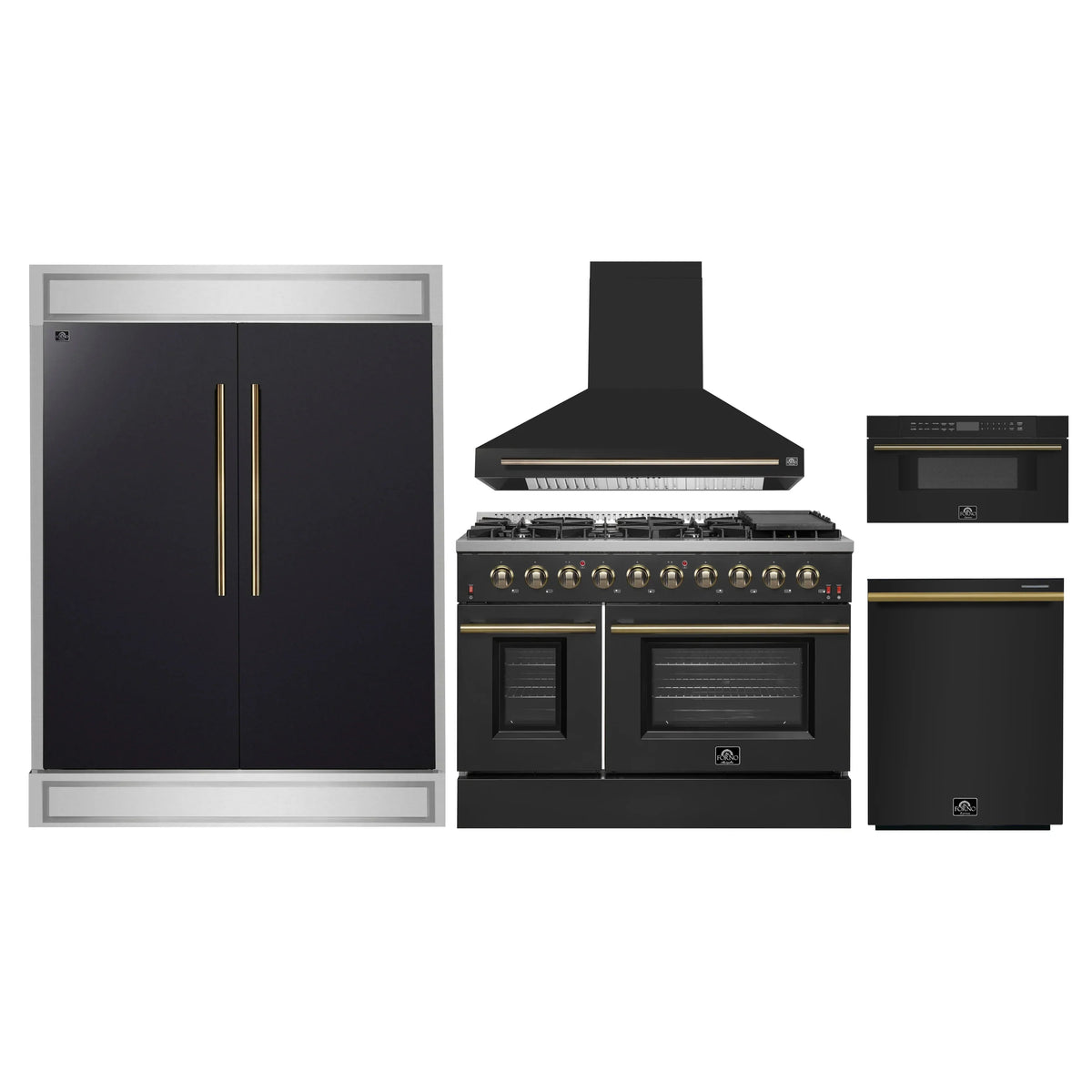 Forno 5-Piece Appliance Package - 48-Inch Gas Range, Wall Mount Range Hood, 60-Inch Refrigerator, Dishwasher, and 30-Inch Microwave Drawer in Black with Antique Brass Trim