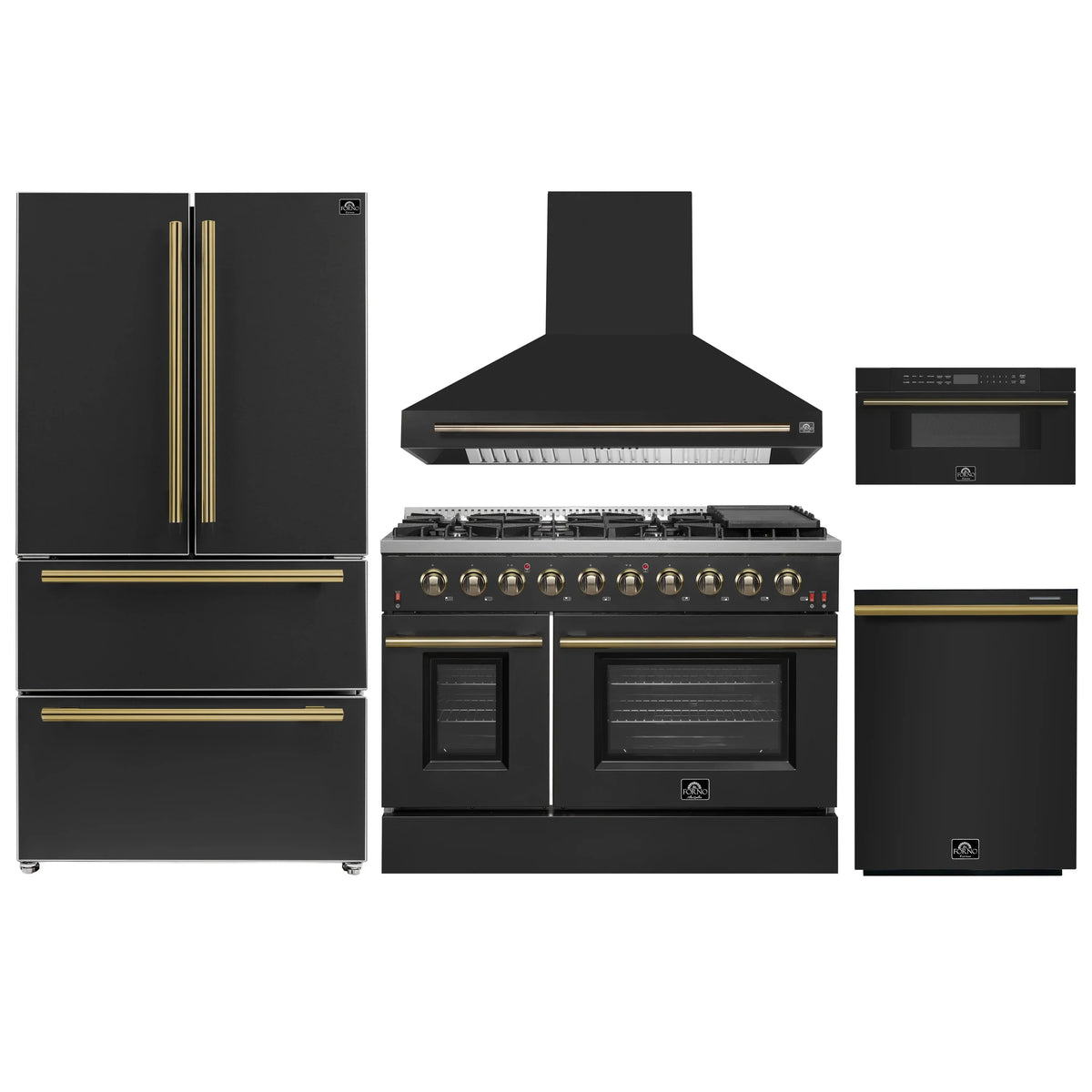 Forno 5-Piece Appliance Package - 48-Inch Gas Range, Wall Mount Range Hood, 36-Inch Refrigerator, Dishwasher, and 30-Inch Microwave Drawer in Black with Antique Brass Trim