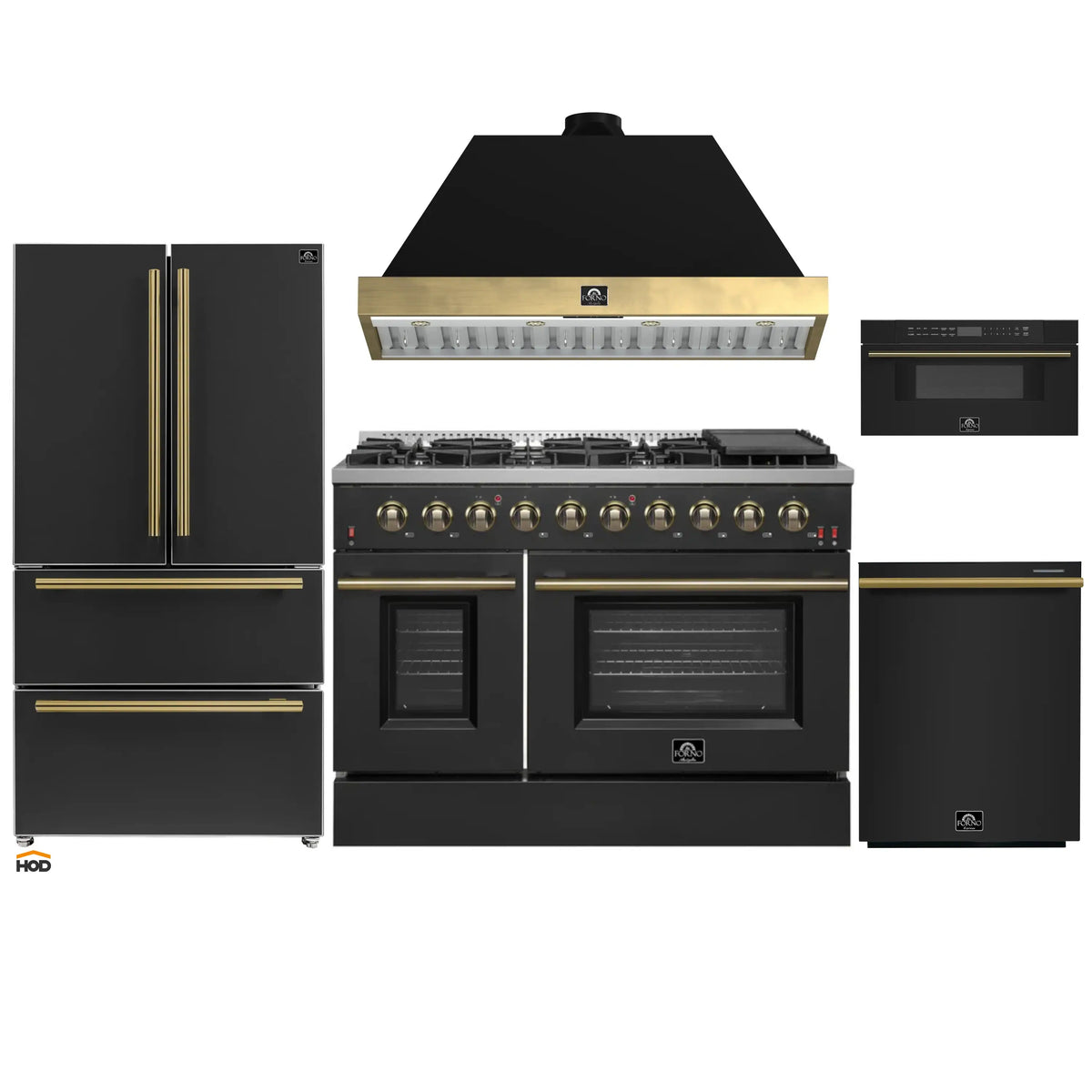 Forno Galiano 5-Piece Appliance Package - 48-Inch Gas Range, 48-Inch Hood, 36-Inch Refrigerator, 24-Inch Dishwasher, & 30-Inch Microwave Drawer in Black with Antique Brass Trim