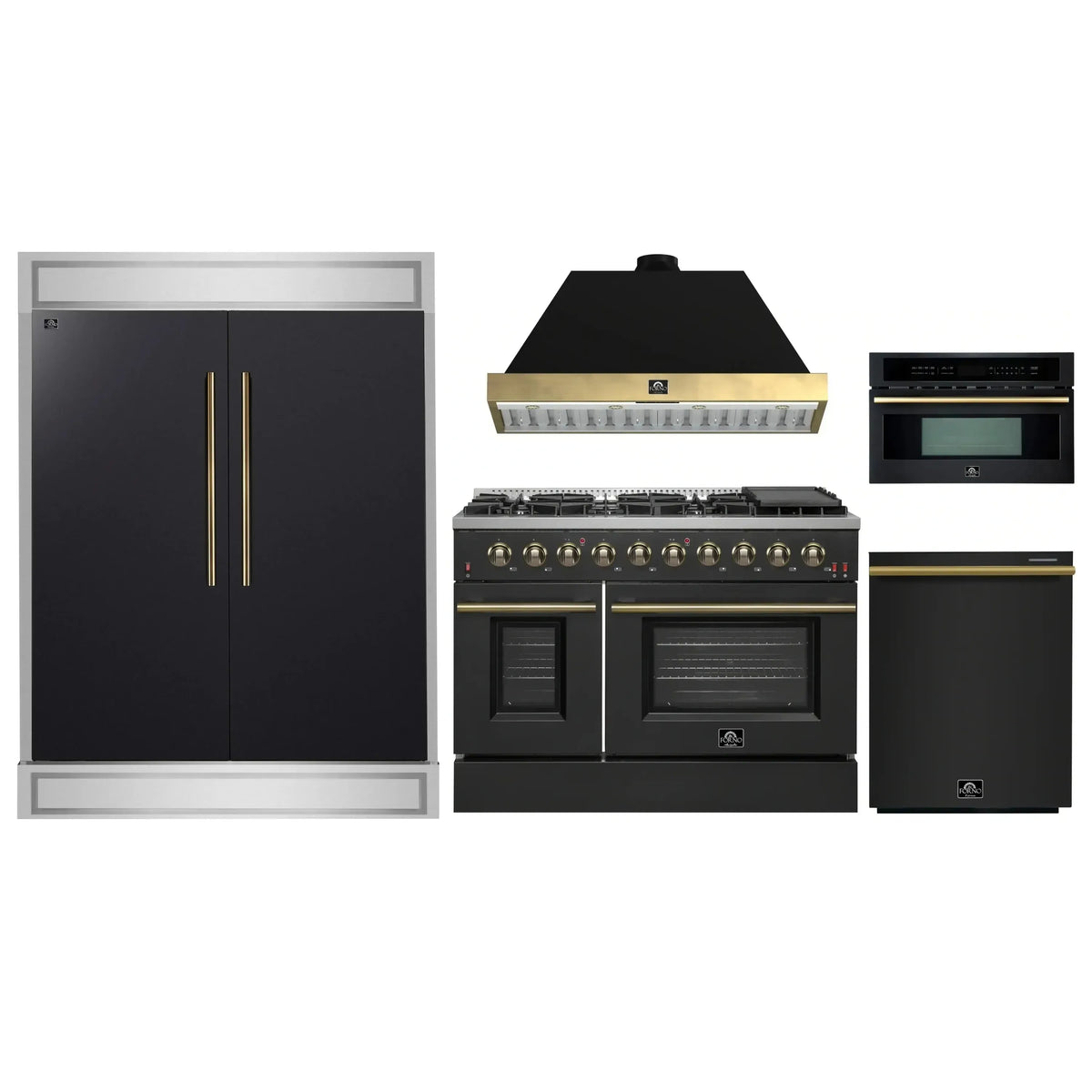 Forno 5-Piece Appliance Package - 48-Inch Gas Range, 60-Inch Convertible Refrigerator with Modern Trim, Dishwasher, and 30-Inch Microwave Oven in Black with Antique Brass Trim