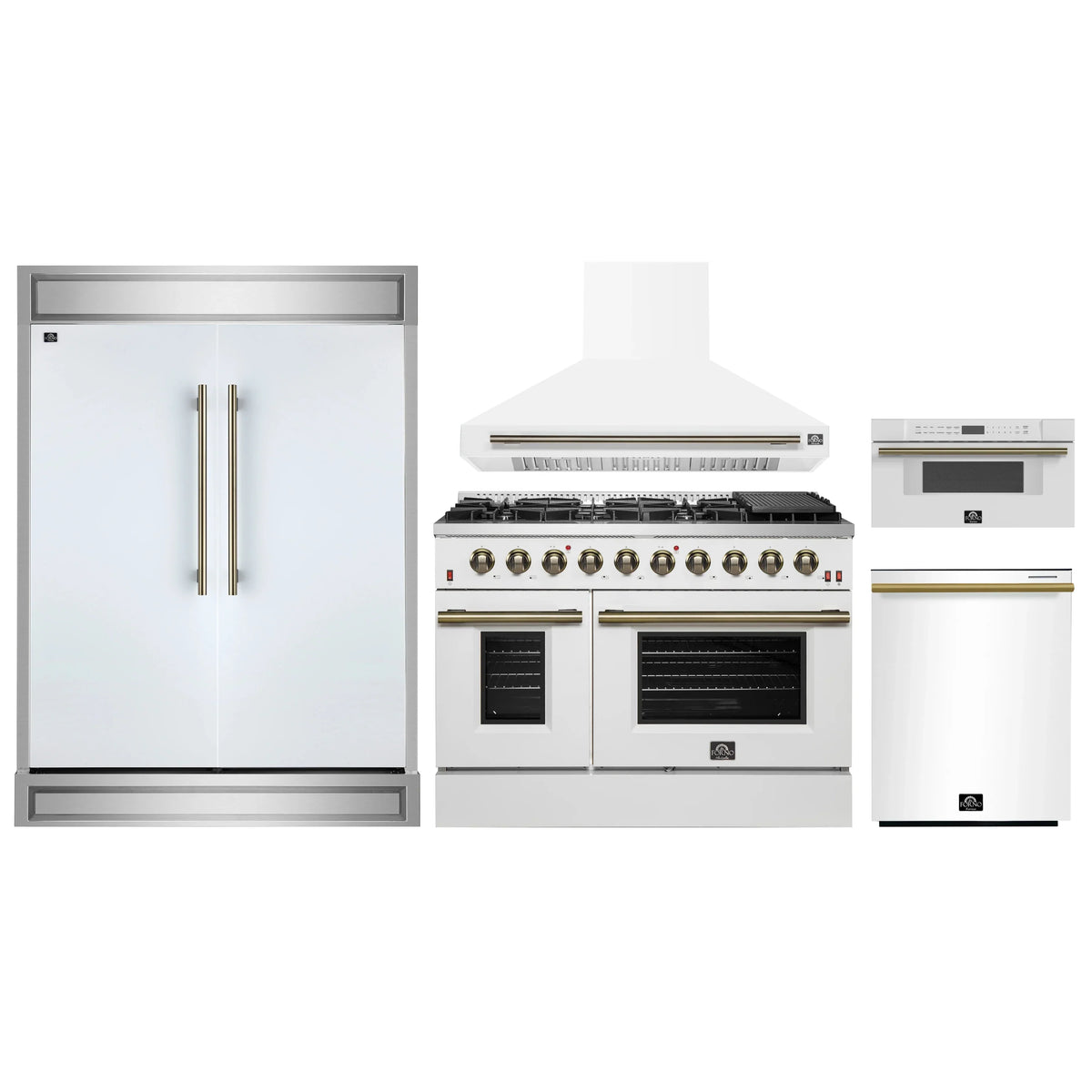 Forno 5-Piece Appliance Package - 48-Inch Gas Range, Wall Mount Range Hood, 60-Inch Refrigerator, Dishwasher, and 30-Inch Microwave Drawer in White with Antique Brass Trim