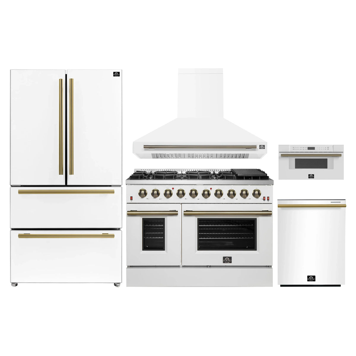 Forno 5-Piece Appliance Package - 48-Inch Gas Range, Wall Mount Range Hood, 36-Inch Refrigerator, Dishwasher, and 30-Inch Microwave Drawer in White with Antique Brass Trim