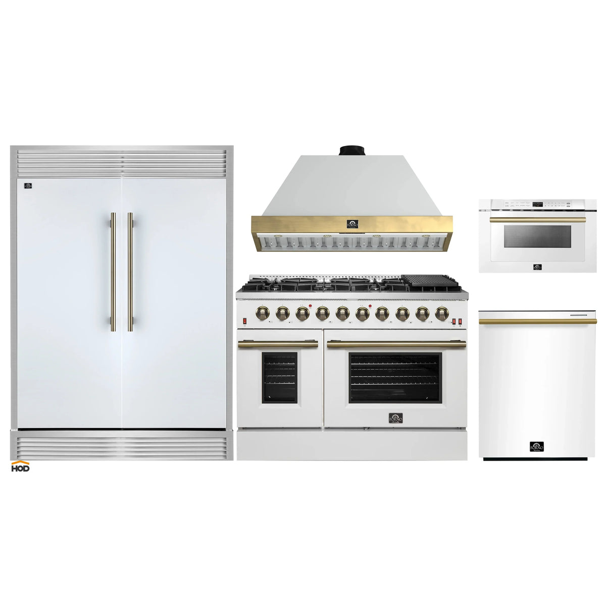 Forno 5-Piece Appliance Package - 48-Inch Galiano Gas Range, Wall Mount Range Hood, 60-Inch Refrigerator, Dishwasher, & 24-Inch Microwave Drawer in White with Antique Brass Trim
