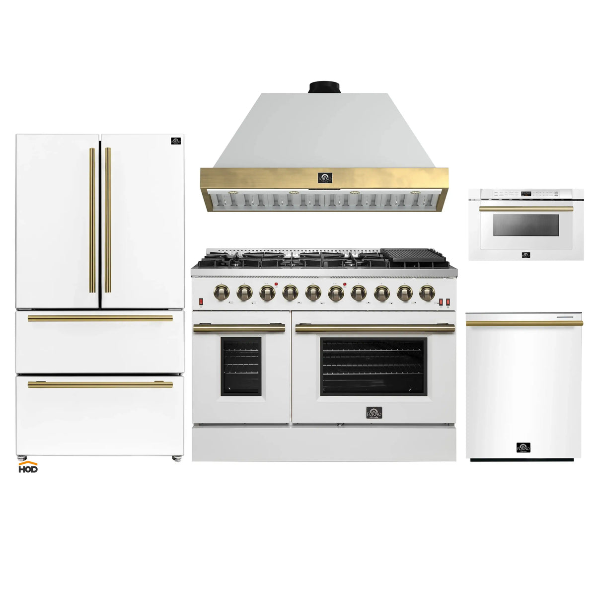 Forno Galiano 5-Piece Appliance Package - 48-Inch Gas Range, 48-Inch Hood, 36-Inch Refrigerator, 24-Inch Dishwasher, & 24-Inch Microwave Drawer in White with Antique Brass Trim