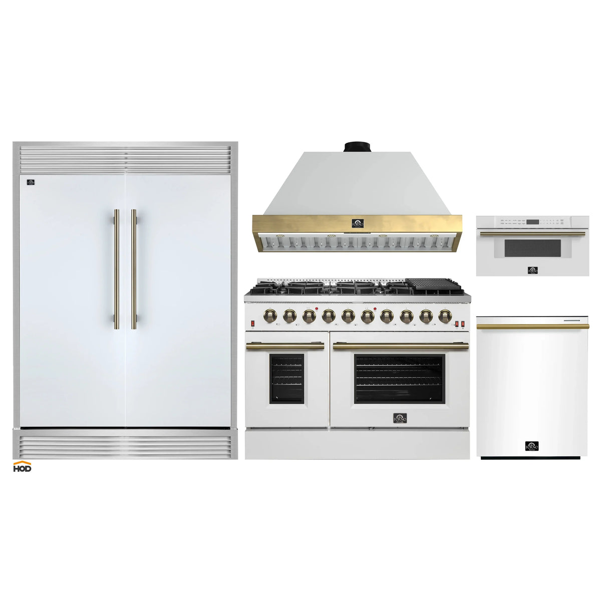 Forno 5-Piece Appliance Package - 48-Inch Galiano Gas Range, Wall Mount Range Hood, 60-Inch Refrigerator, Dishwasher, & 30-Inch Microwave Drawer in White with Antique Brass Trim