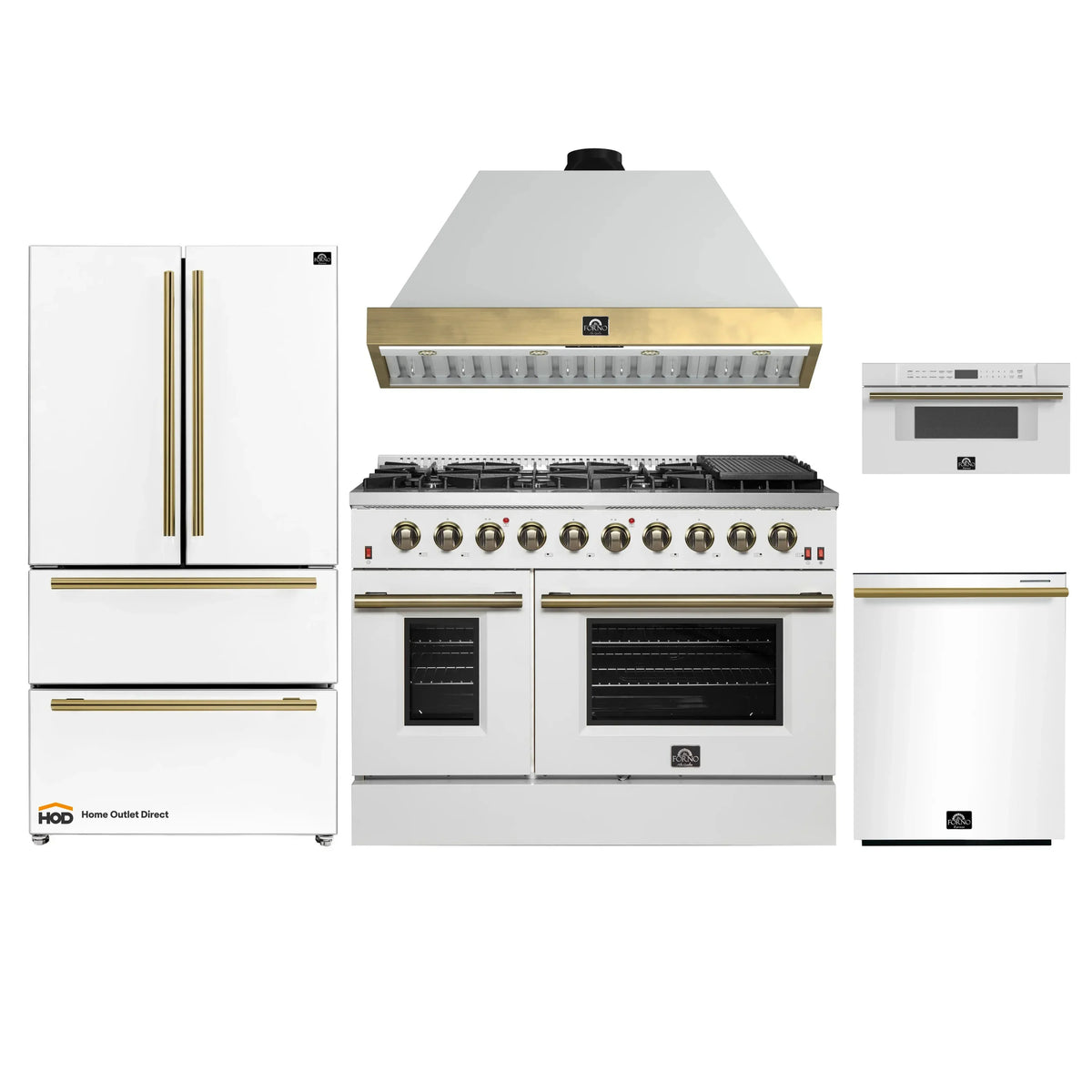 Forno Galiano 5-Piece Appliance Package - 48-Inch Gas Range, 48-Inch Hood, 36-Inch Refrigerator, 24-Inch Dishwasher, & 30-Inch Microwave Drawer in White with Antique Brass Trim