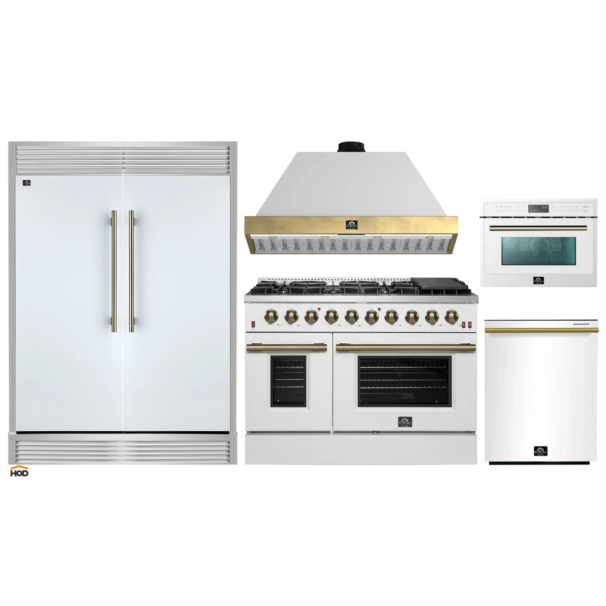 Forno 5-Piece Appliance Package - 48-Inch Galiano Gas Range, Wall Mount Range Hood, 60-Inch Refrigerator, Dishwasher, & 24-Inch Microwave Oven in White with Antique Brass Trim