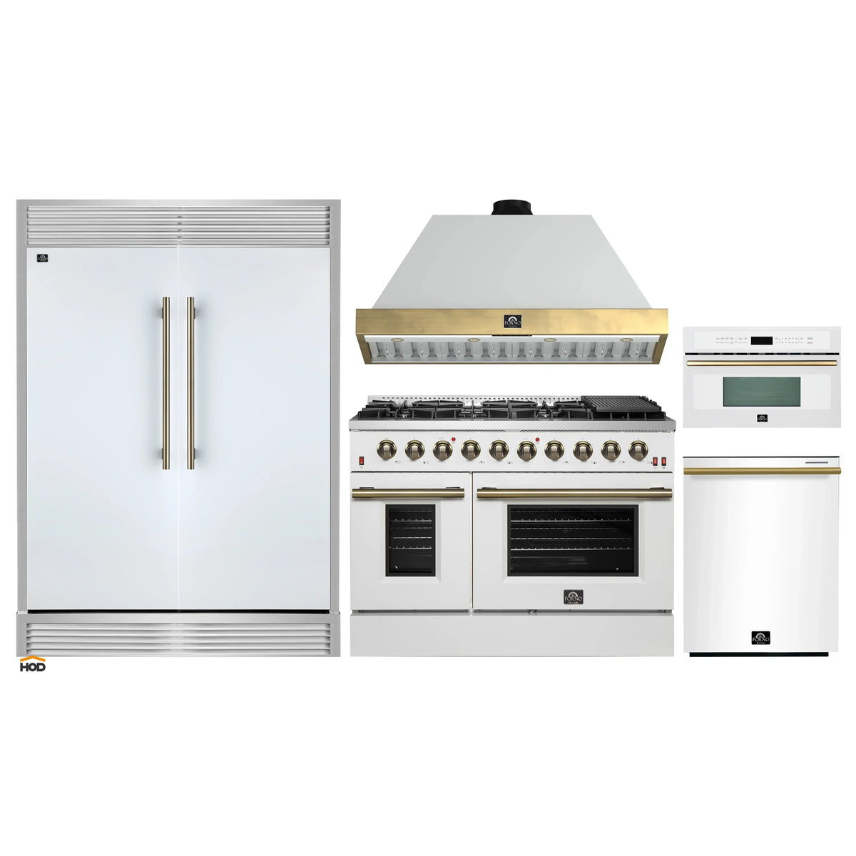 Forno 5-Piece Appliance Package - 48-Inch Galiano Gas Range, Wall Mount Range Hood, 60-Inch Refrigerator, Dishwasher, & 30-Inch Microwave Oven in White with Antique Brass Trim