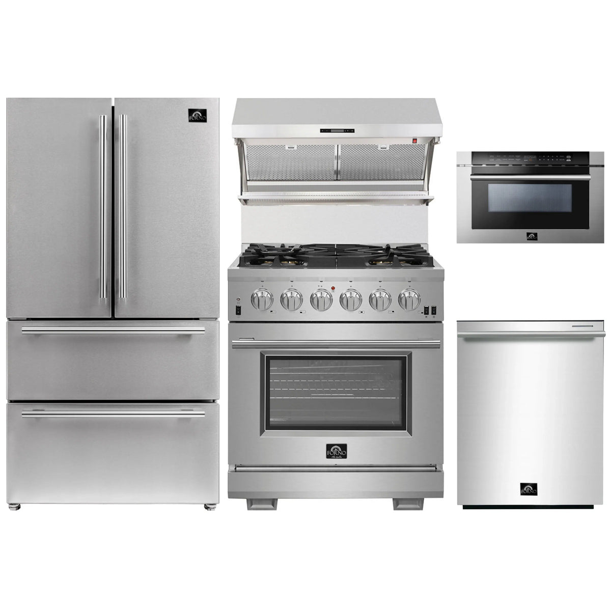Forno 5-Piece Pro Appliance Package - 30-Inch Gas Range, Refrigerator, Wall Mount Hood with Backsplash, 24-Inch Microwave Drawer, & 3-Rack Dishwasher in Stainless Steel