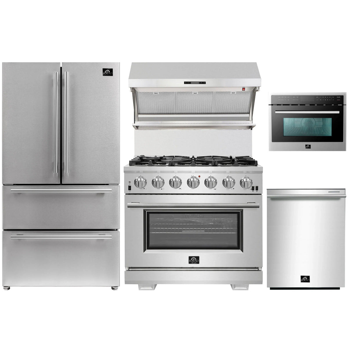 Forno 5-Piece Pro Appliance Package - 36-Inch Gas Range, Refrigerator, Wall Mount Hood with Backsplash, 24-Inch Microwave Oven, & 3-Rack Dishwasher in Stainless Steel
