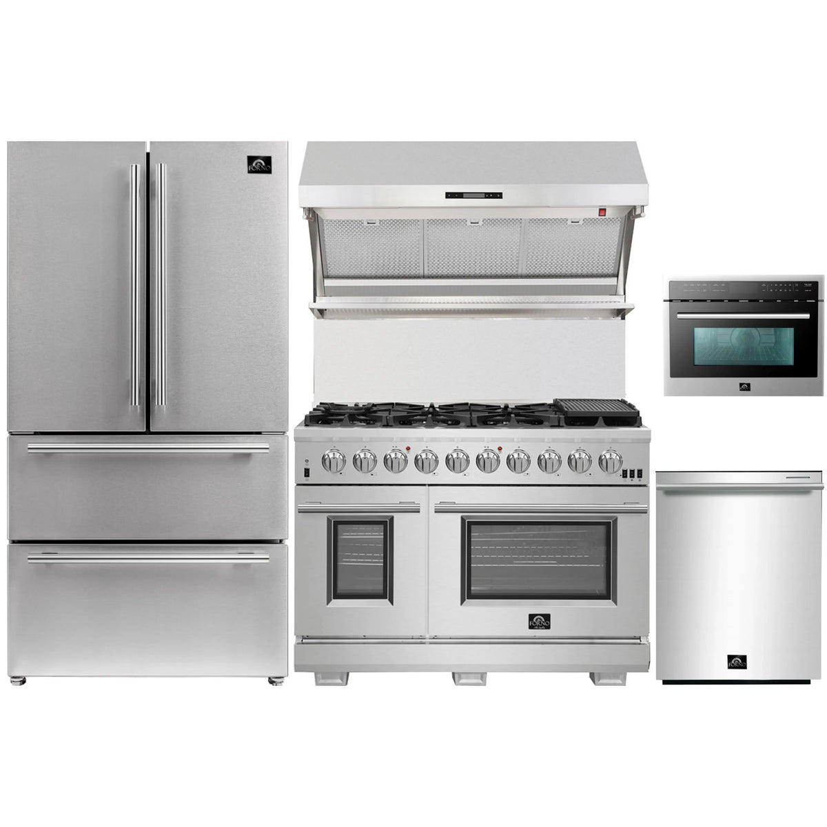 Forno 5-Piece Pro Appliance Package - 48-Inch Gas Range, Refrigerator, Wall Mount Hood with Backsplash, 24-Inch Microwave Oven, & 3-Rack Dishwasher in Stainless Steel