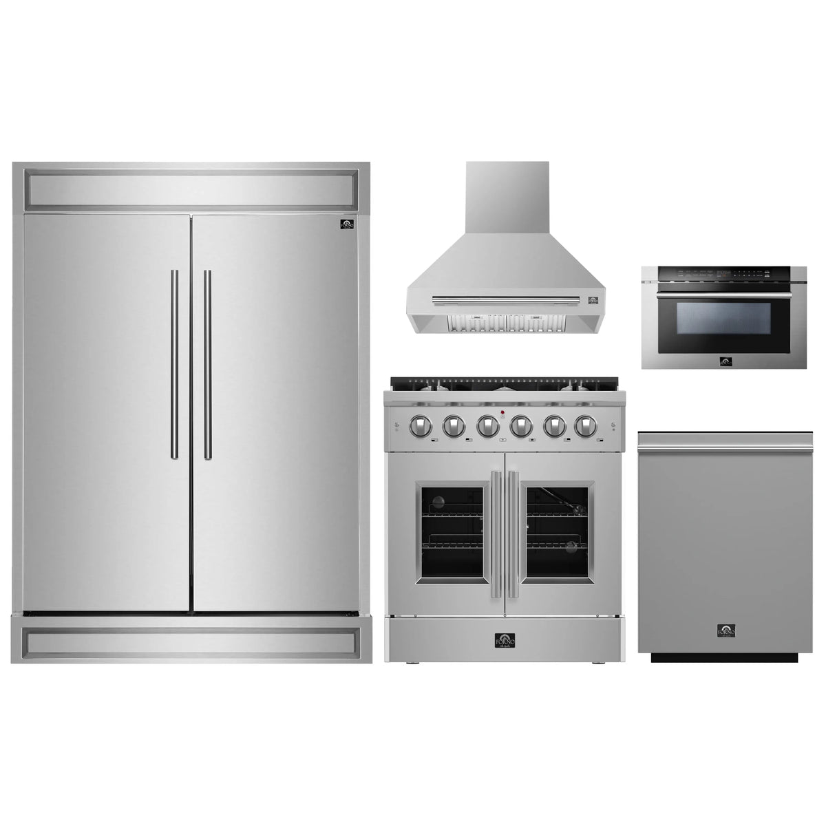 Forno 5-Piece Appliance Package - 30-inch Gas Range, Hood, Refrigerator, Dishwasher and 24-Inch Microwave Drawer in Stainless Steel
