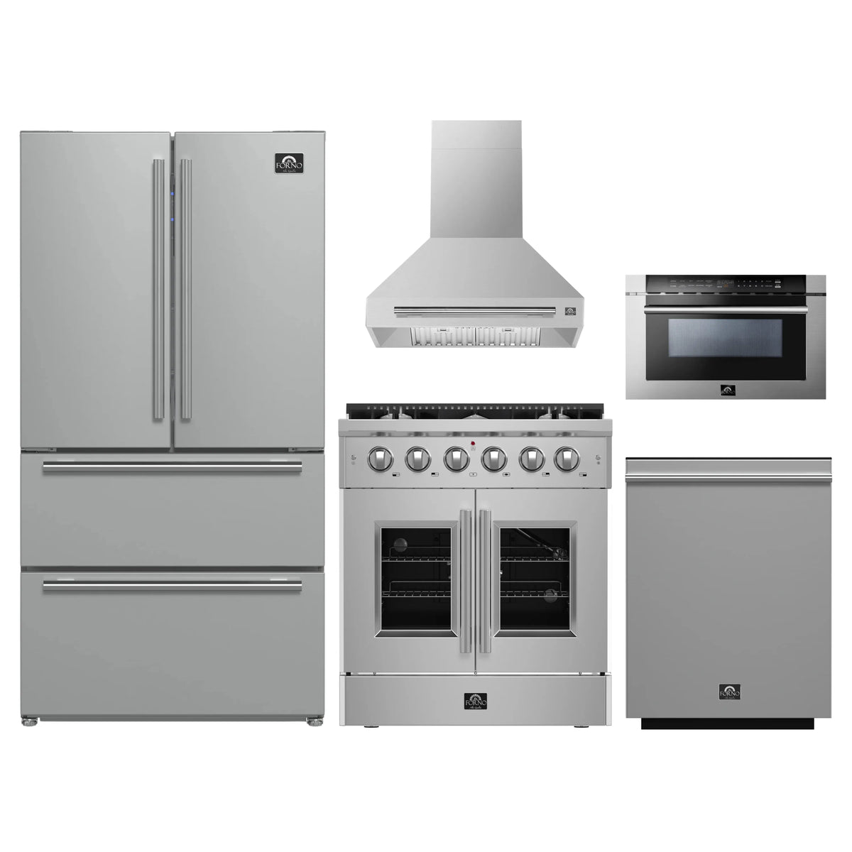 Forno 5-Piece Appliance Package - 30-inch Gas Range, Hood, Refrigerator, Dishwasher and 24-Inch Microwave Drawer in Stainless Steel