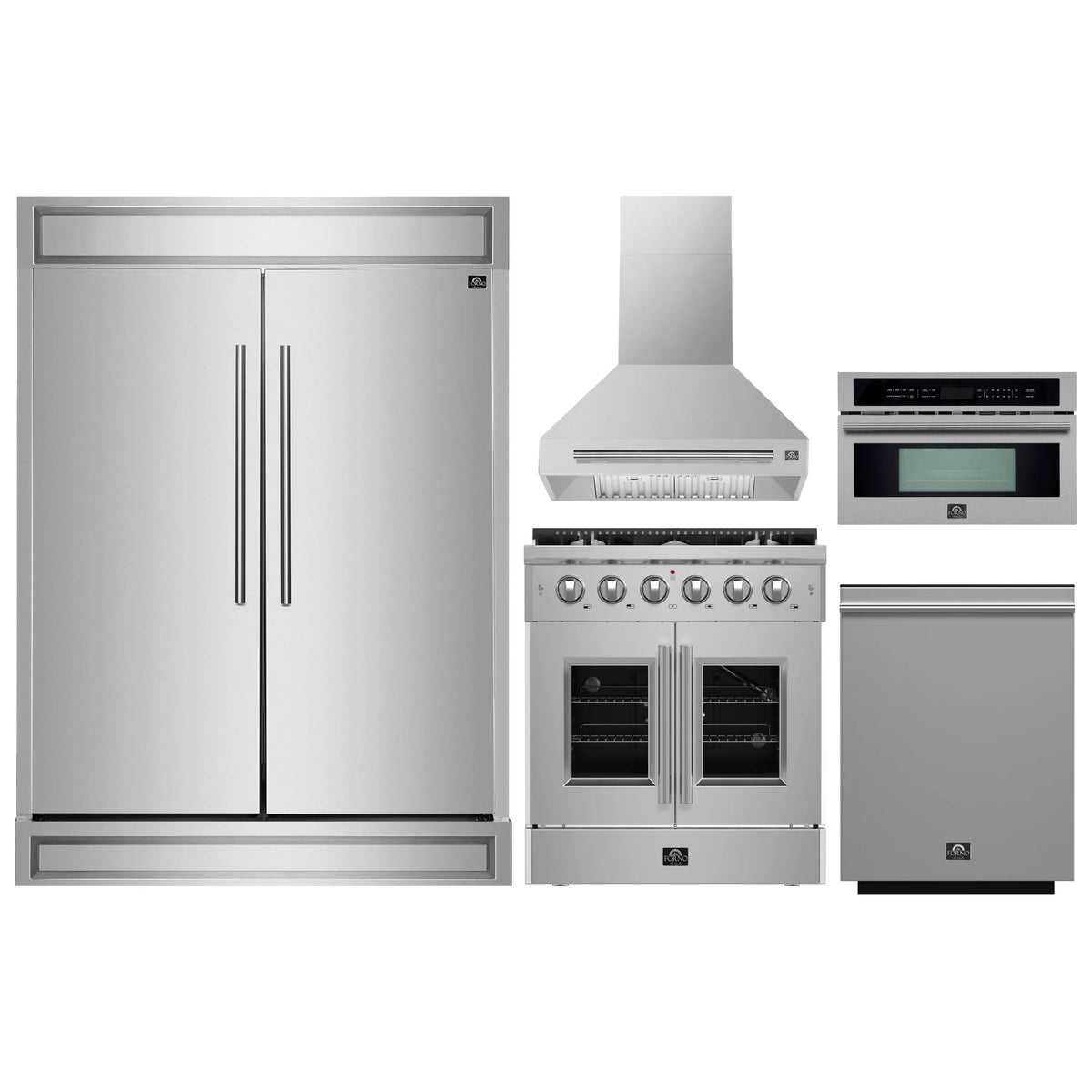 Forno 5-Piece Appliance Package - 30-inch Gas Range, Hood, Refrigerator, Dishwasher and 30-Inch Microwave Oven in Stainless Steel