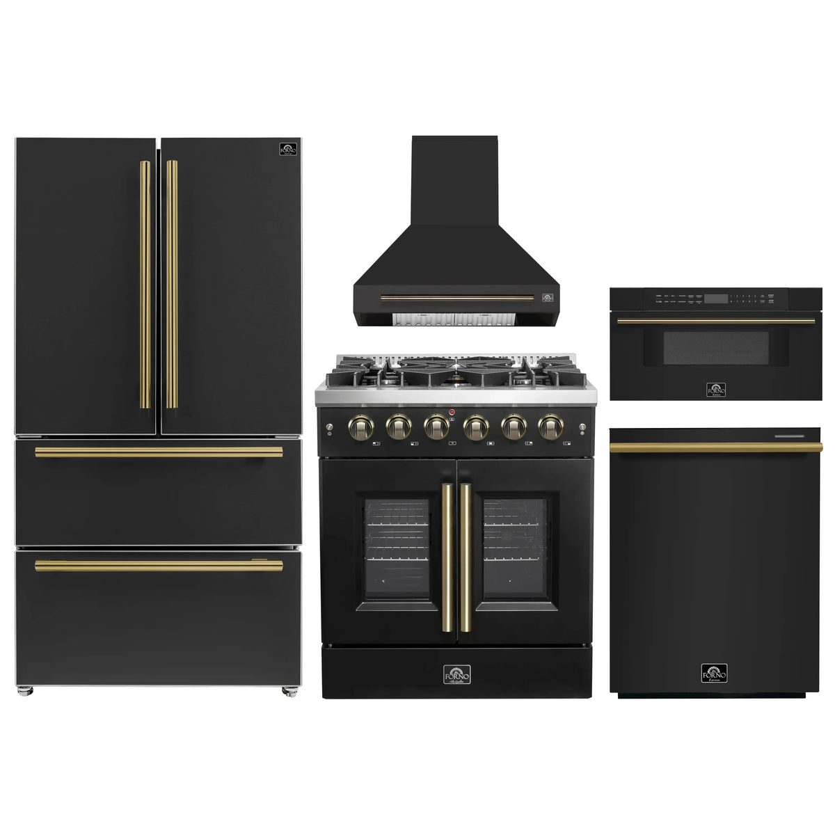 Forno 5-Piece Appliance Package - 30-inch Gas Range, Hood, Refrigerator, Dishwasher and 30-Inch Microwave Drawer in Black with Antique Brass Trim