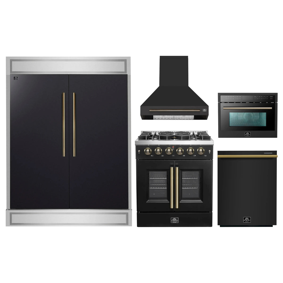 Forno 5-Piece Appliance Package - 30-inch Gas Range, Hood, Refrigerator, Dishwasher and 24-Inch Microwave Oven in Black with Antique Brass Trim