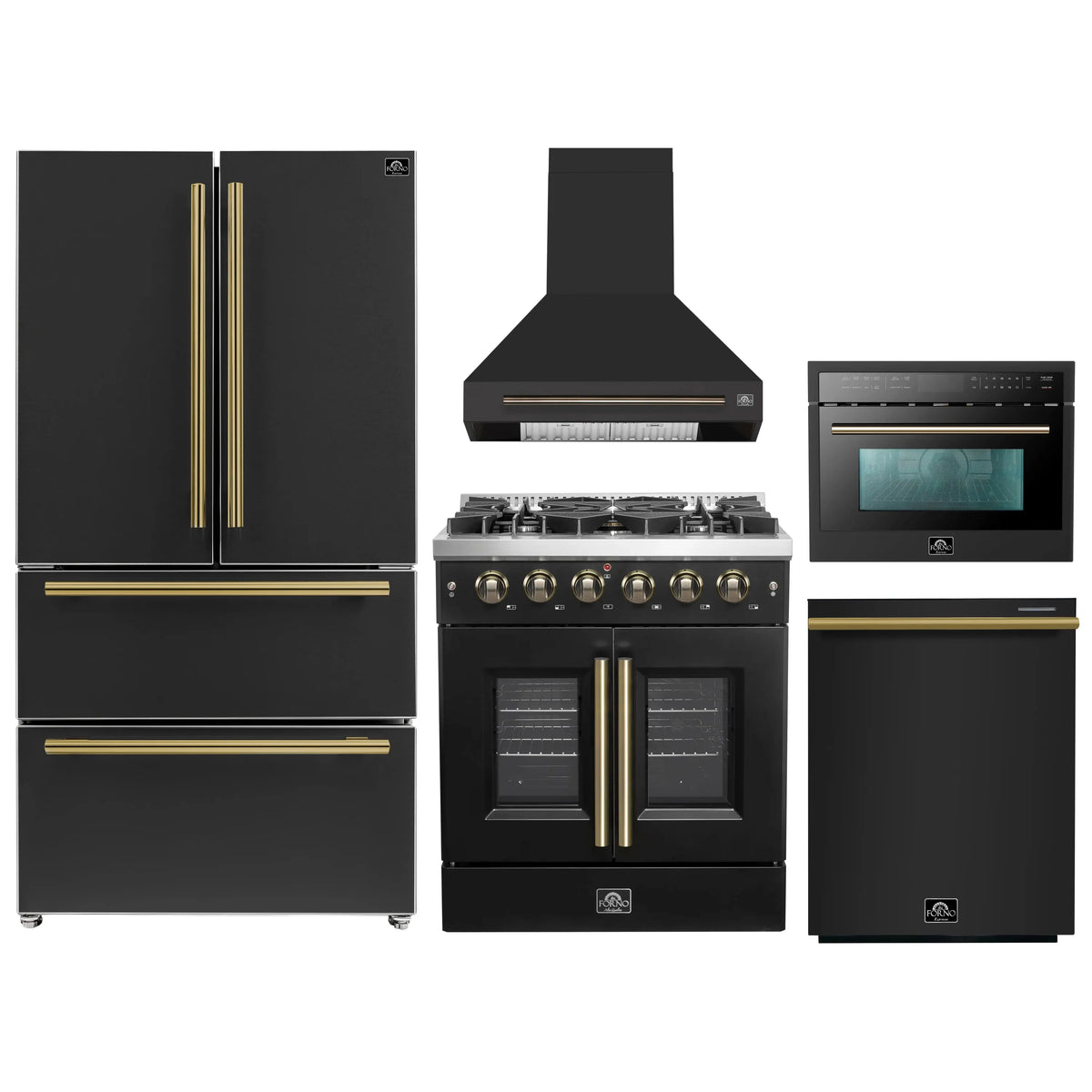 Forno 5-Piece Appliance Package - 30-inch Gas Range, Hood, Refrigerator, Dishwasher and 24-Inch Microwave Oven in Black with Antique Brass Trim