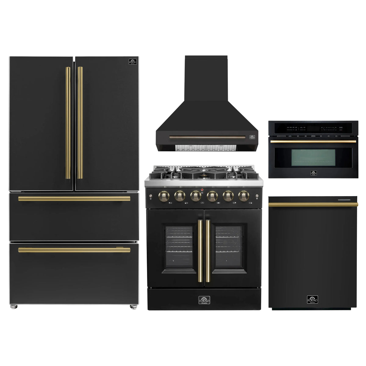 Forno 5-Piece Appliance Package - 30-inch Gas Range, Hood, Refrigerator, Dishwasher and 30-Inch Microwave Oven in Black with Antique Brass Trim