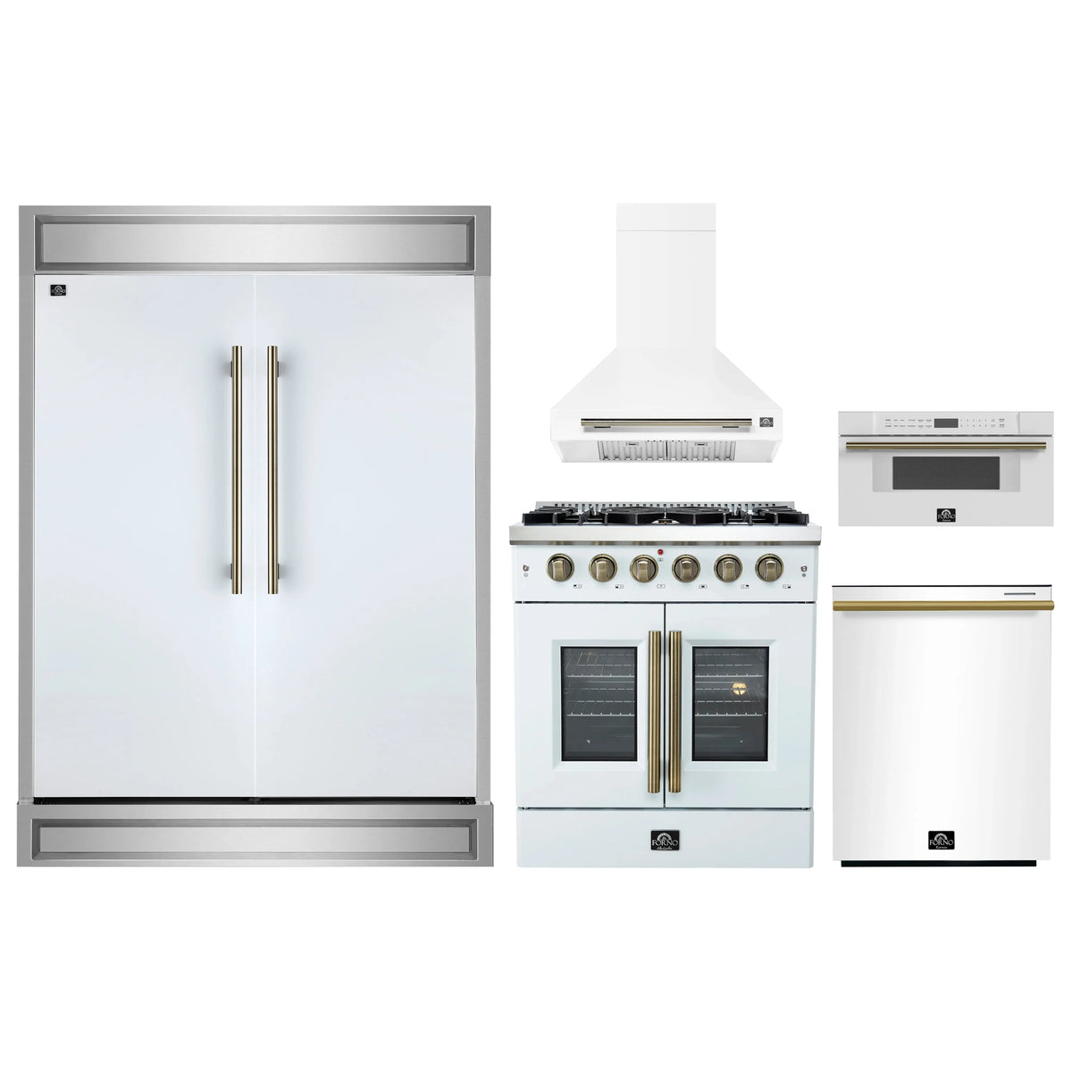 Forno 5-Piece Appliance Package - 30-inch Gas Range, Hood, Refrigerator, Dishwasher and 30-Inch Microwave Drawer in White with Antique Brass Trim