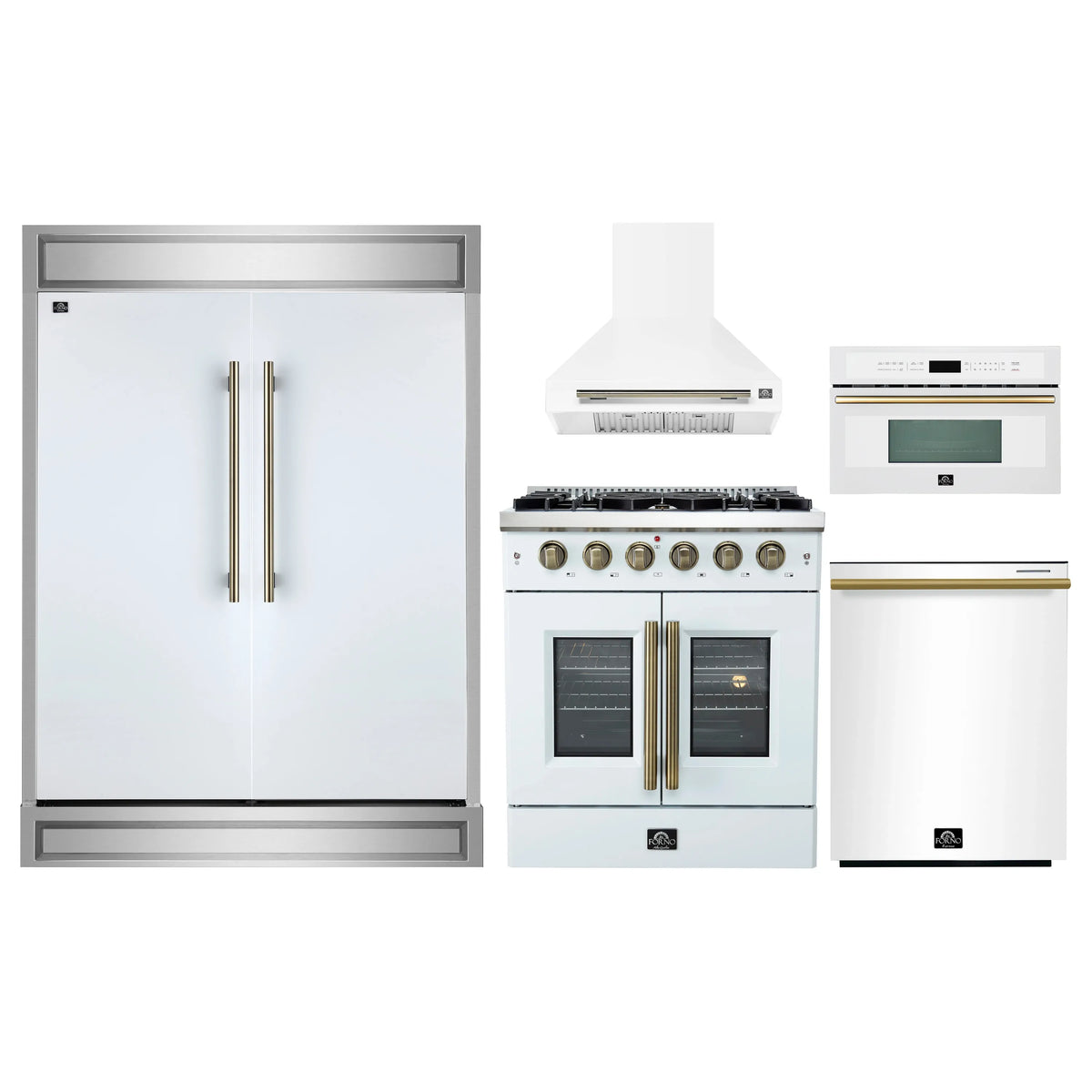 Forno 5-Piece Appliance Package - 30-inch Gas Range, Hood, Refrigerator, Dishwasher and 30-Inch Microwave Oven in White with Antique Brass Trim