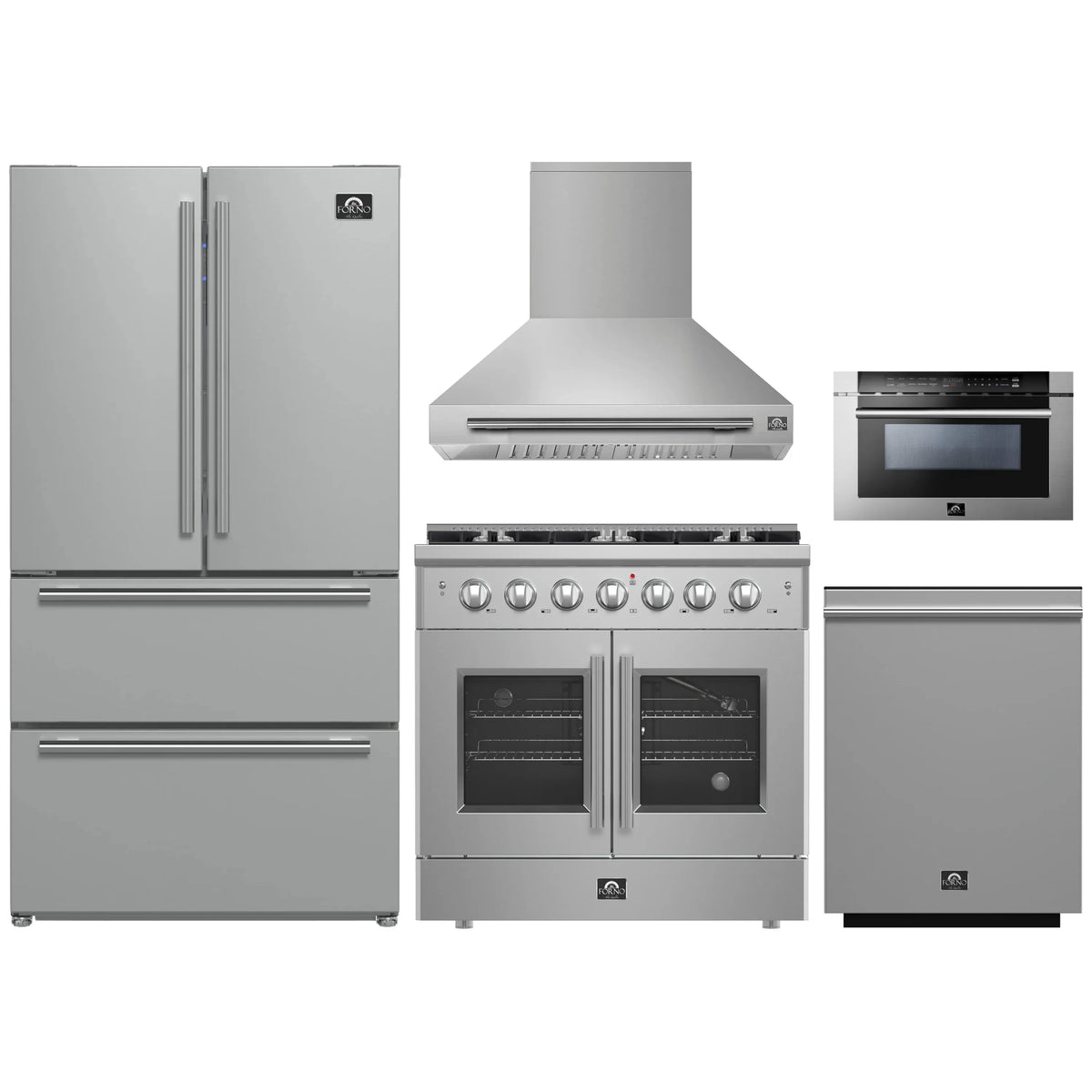 Forno 5-Piece Appliance Package - 36-inch Gas Range, Hood, Refrigerator, Dishwasher and 24-Inch Microwave Drawer in Stainless Steel
