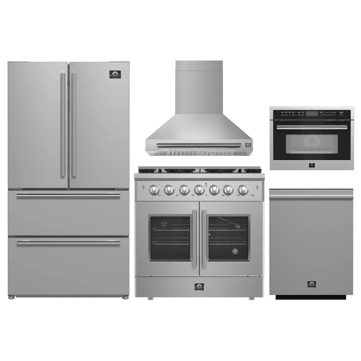 Forno 5-Piece Appliance Package - 36-inch Gas Range, Hood, Refrigerator, Dishwasher and 24-Inch Microwave Oven in Stainless Steel
