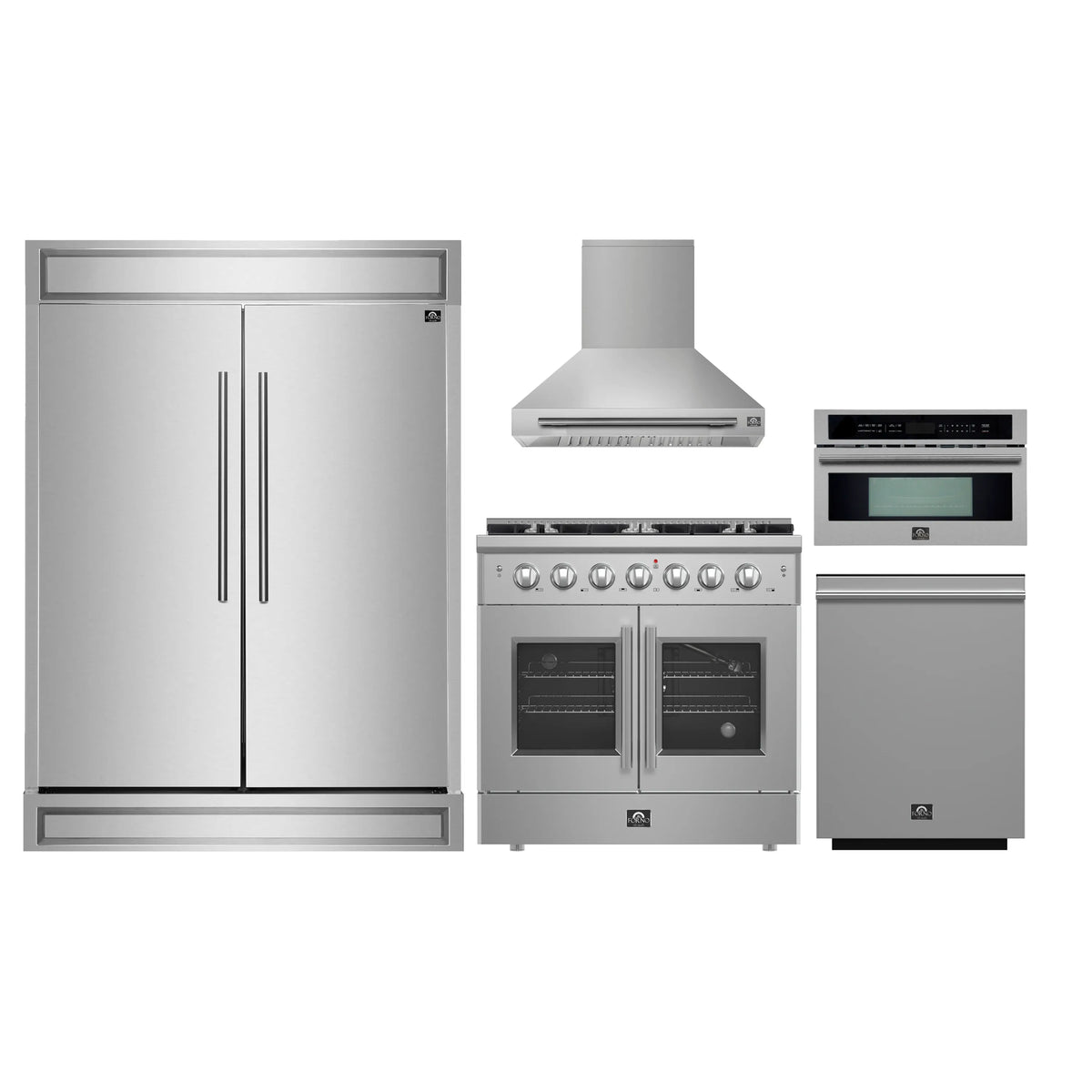 Forno 5-Piece Appliance Package - 36-inch Gas Range, Hood, Refrigerator, Dishwasher and 30-Inch Microwave Oven in Stainless Steel