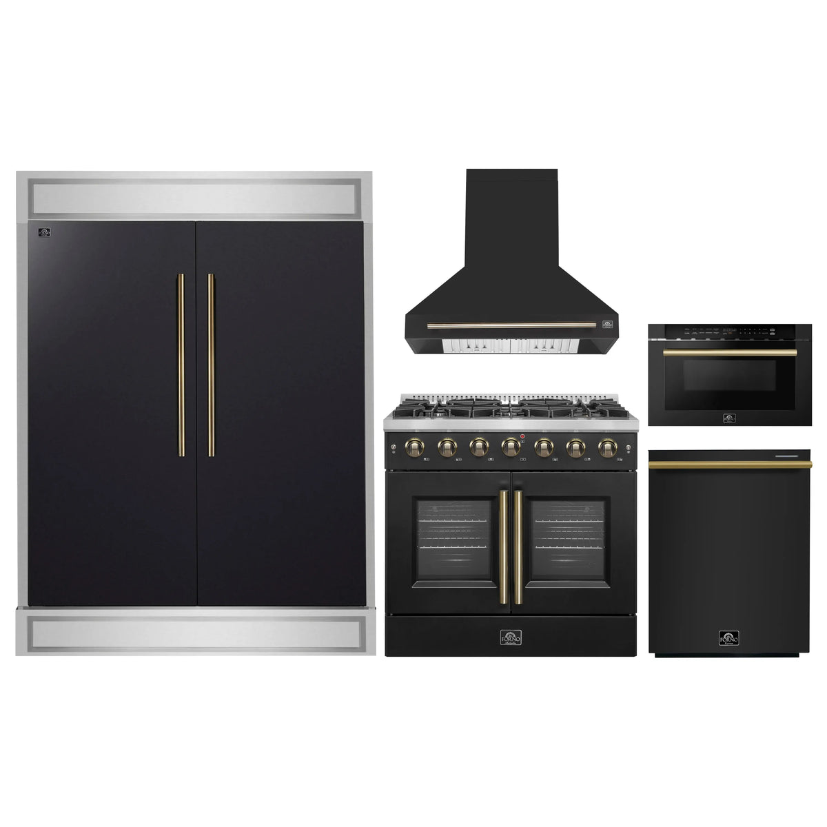 Forno 5-Piece Appliance Package - 36-inch Gas Range, Hood, Refrigerator, Dishwasher and 24-Inch Microwave Drawer in Black with Antique Brass Trim