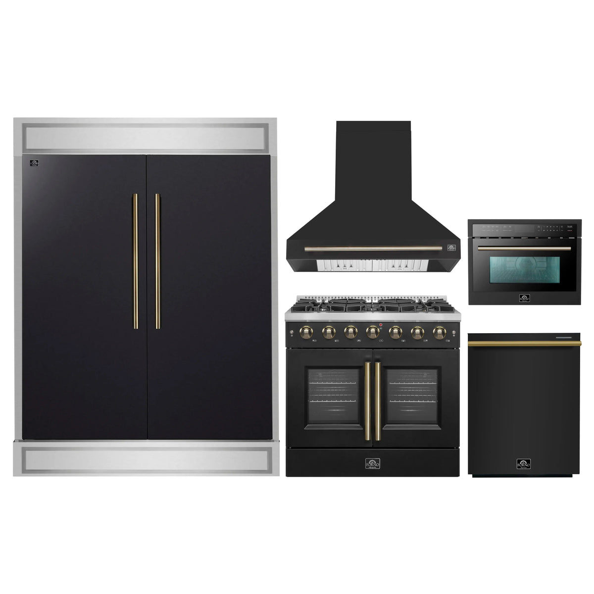Forno 5-Piece Appliance Package - 36-inch Gas Range, Hood, Refrigerator, Dishwasher and 24-Inch Microwave Oven in Black with Antique Brass Trim