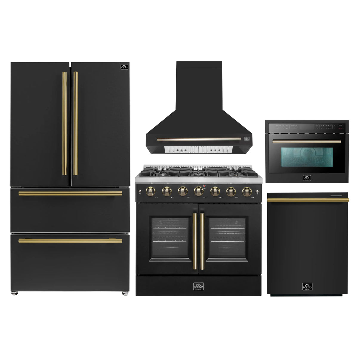 Forno 5-Piece Appliance Package - 36-inch Gas Range, Hood, Refrigerator, Dishwasher and 24-Inch Microwave Oven in Black with Antique Brass Trim