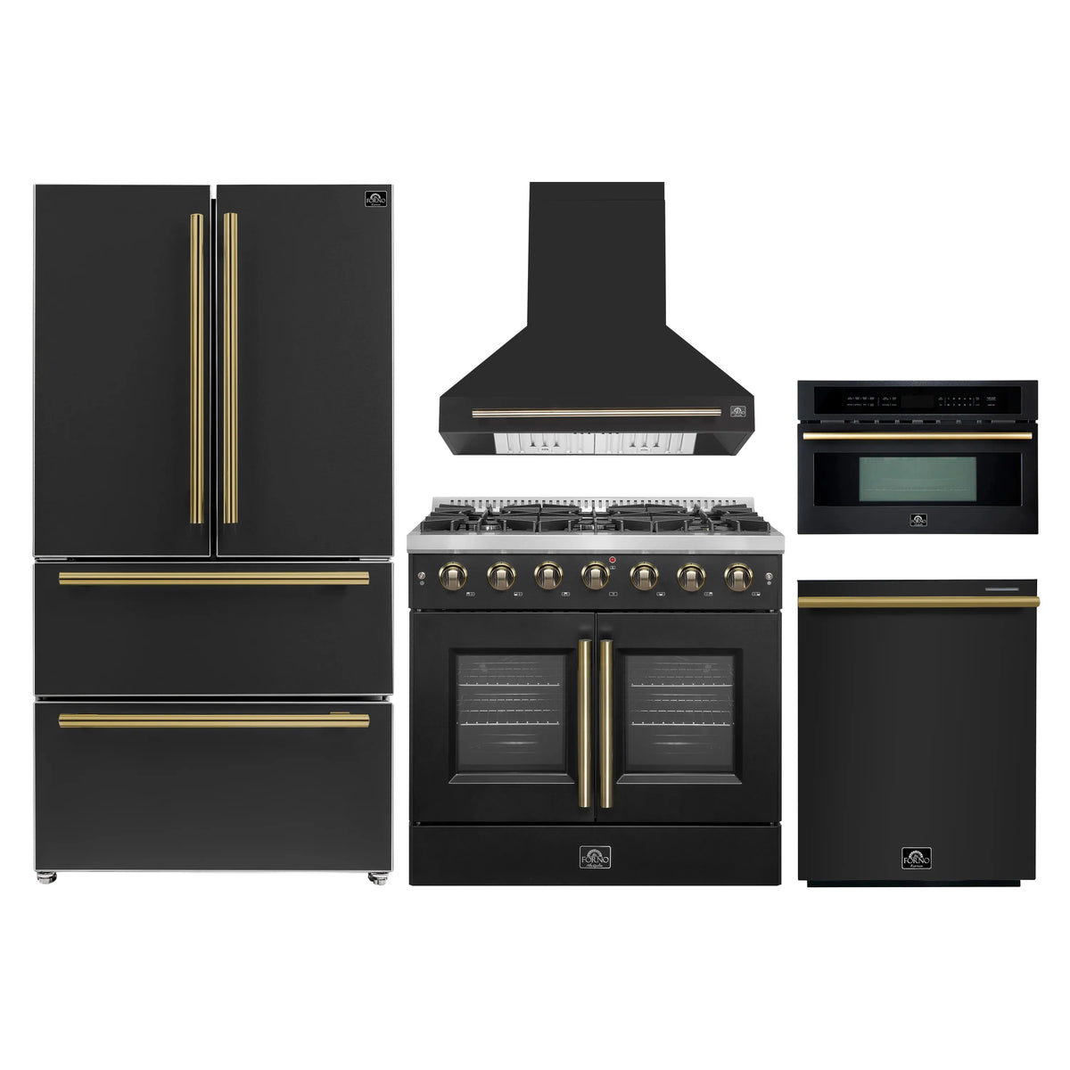 Forno 5-Piece Appliance Package - 36-inch Gas Range, Hood, Refrigerator, Dishwasher and 30-Inch Microwave Oven in Black with Antique Brass Trim