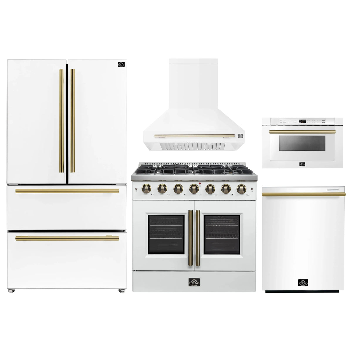 Forno 5-Piece Appliance Package - 36-inch Gas Range, Hood, Refrigerator, Dishwasher and 24-Inch Microwave Drawer in White with Antique Brass Trim