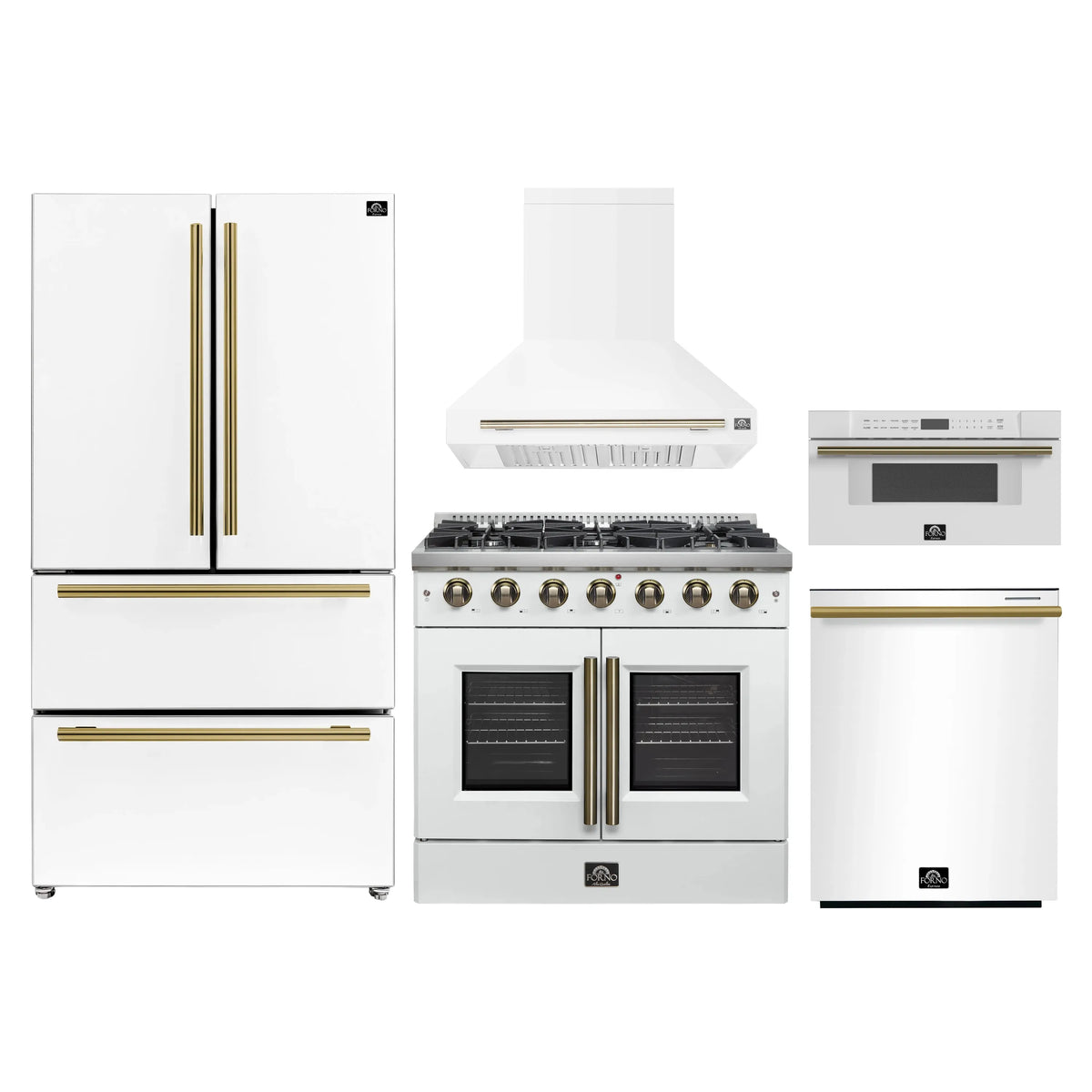 Forno 5-Piece Appliance Package - 36-inch Gas Range, Hood, Refrigerator, Dishwasher and 30-Inch Microwave Drawer in White with Antique Brass Trim