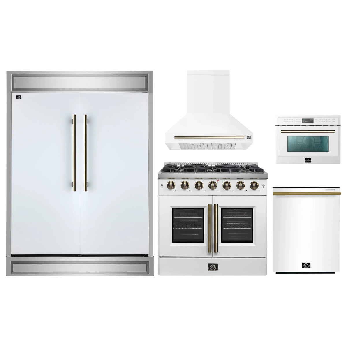 Forno 5-Piece Appliance Package - 36-inch Gas Range, Hood, Refrigerator, Dishwasher and 24-Inch Microwave Oven in White with Antique Brass Trim