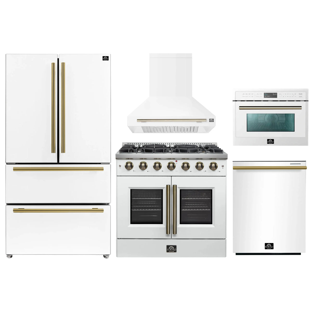 Forno 5-Piece Appliance Package - 36-inch Gas Range, Hood, Refrigerator, Dishwasher and 24-Inch Microwave Oven in White with Antique Brass Trim