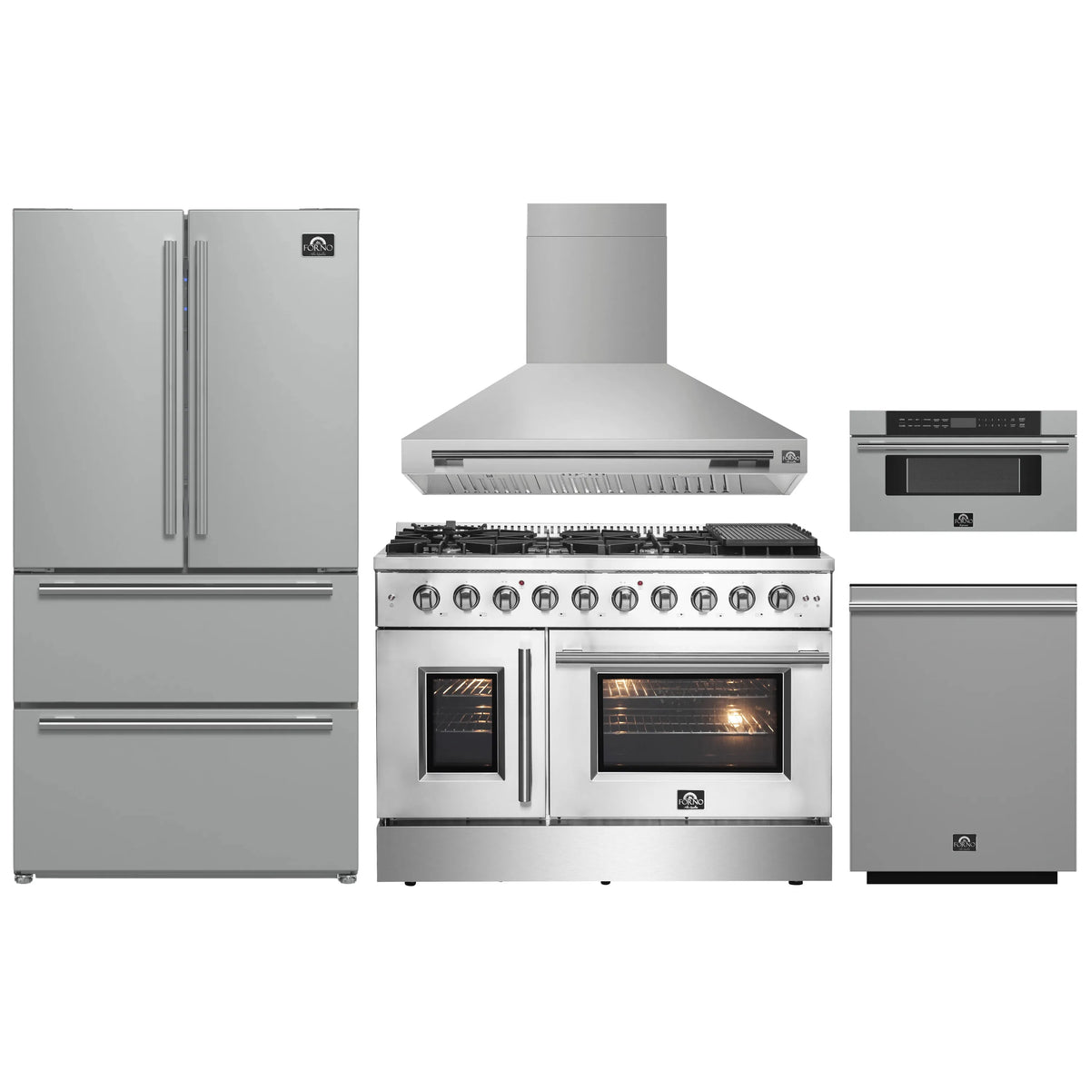 Forno 5-Piece Appliance Package - 48-inch Gas Range, Hood, Refrigerator, Dishwasher and 30-Inch Microwave Drawer in Stainless Steel